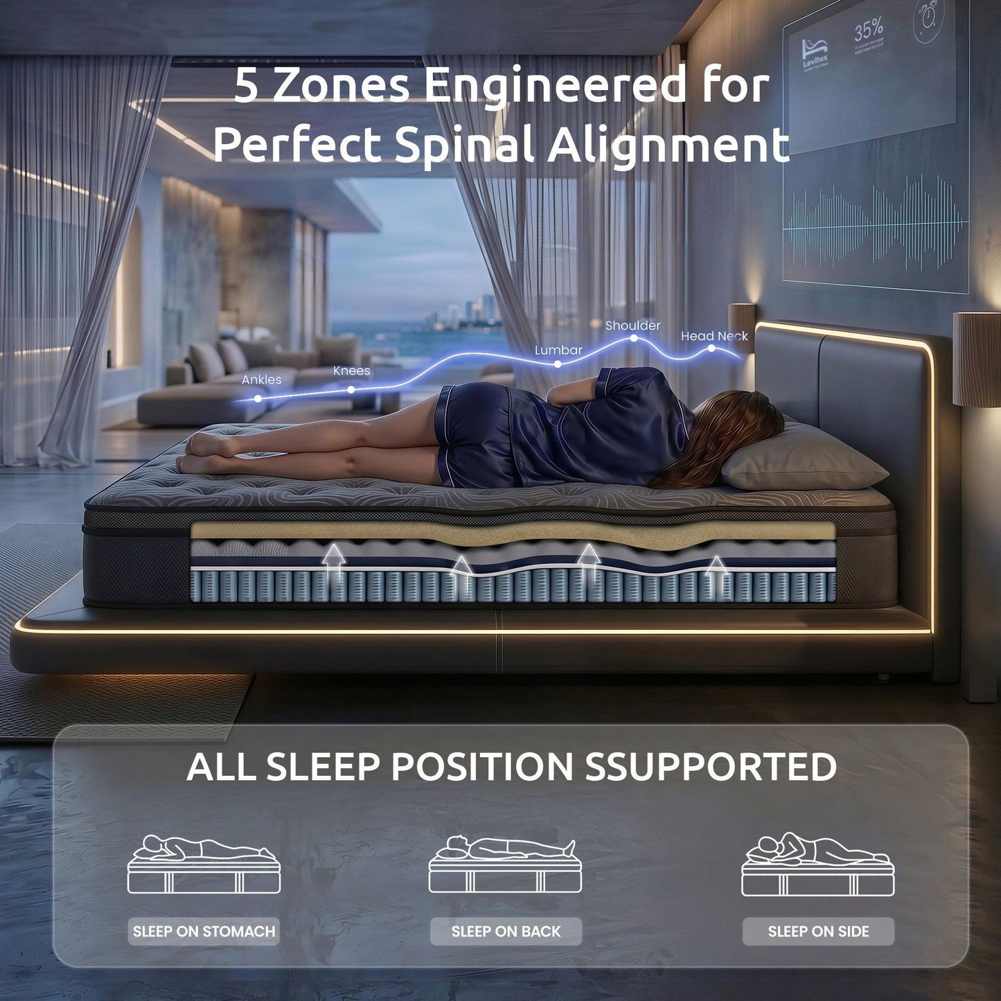 Arwen 34cm 5-Zone Pressure Relief  Pocket Spring with Reinforced Edge Support & Breathable Gel Memory Foam Hybrid Mattress - King