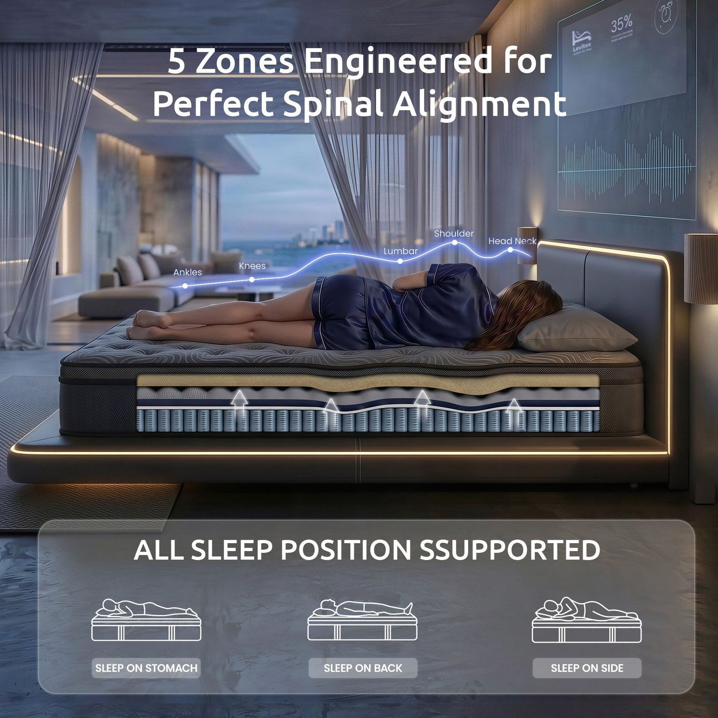 Arwen 34cm 5-Zone Pressure Relief  Pocket Spring with Reinforced Edge Support & Breathable Gel Memory Foam Hybrid Mattress - King Single