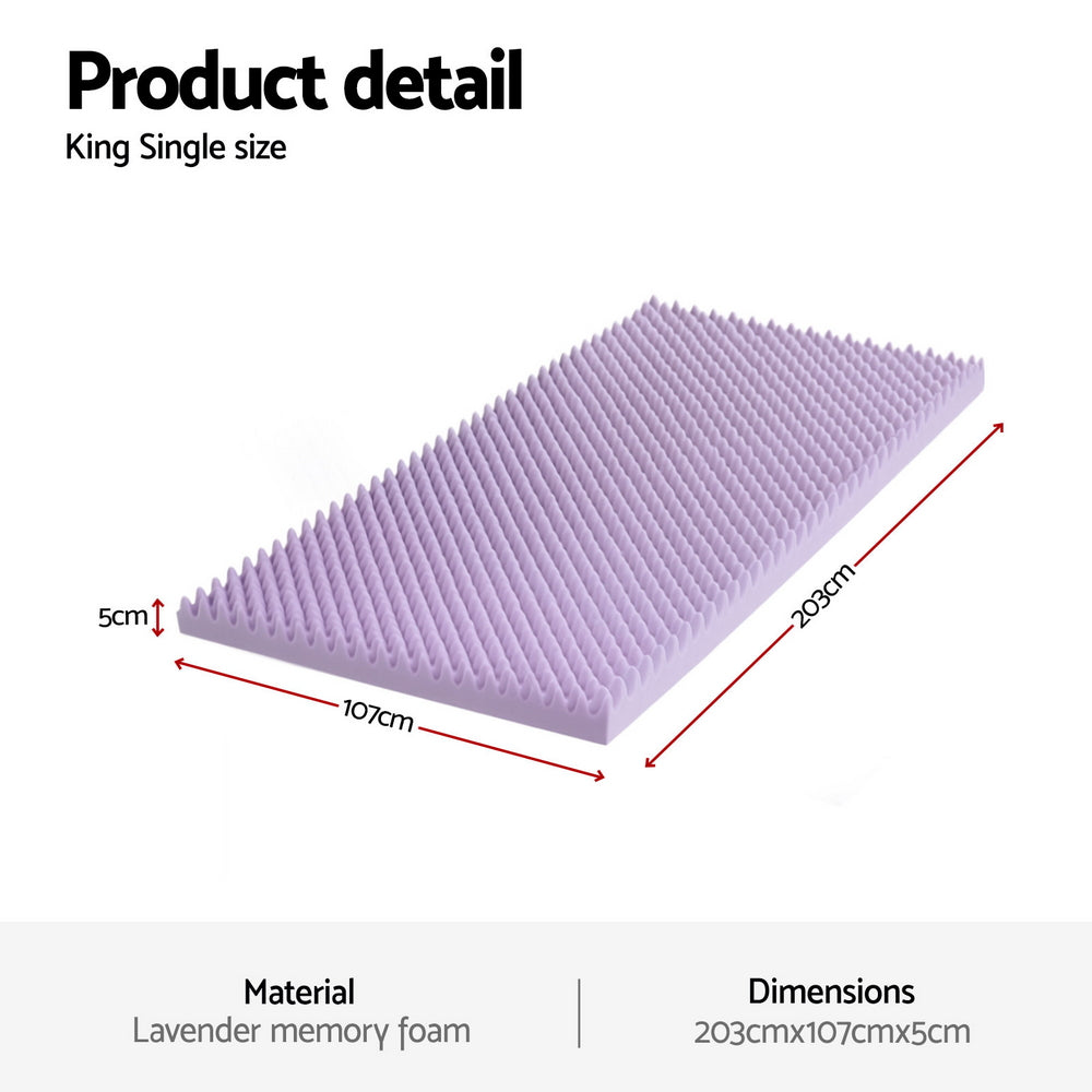 King Single Giselle 5cm Memory Foam Mattress Topper Lavender Infused Egg Crate