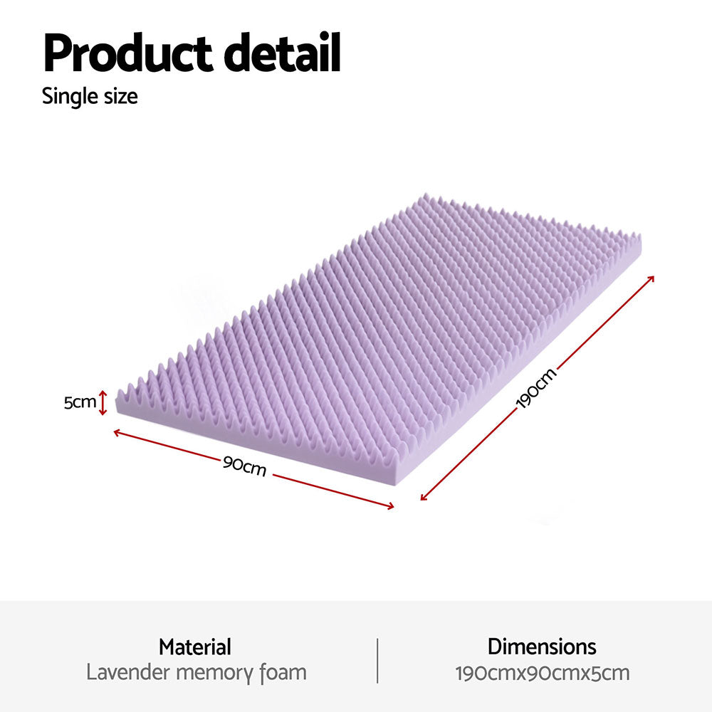 Single Giselle 5cm Memory Foam Mattress Topper Lavender Infused Egg Crate Pad Mat