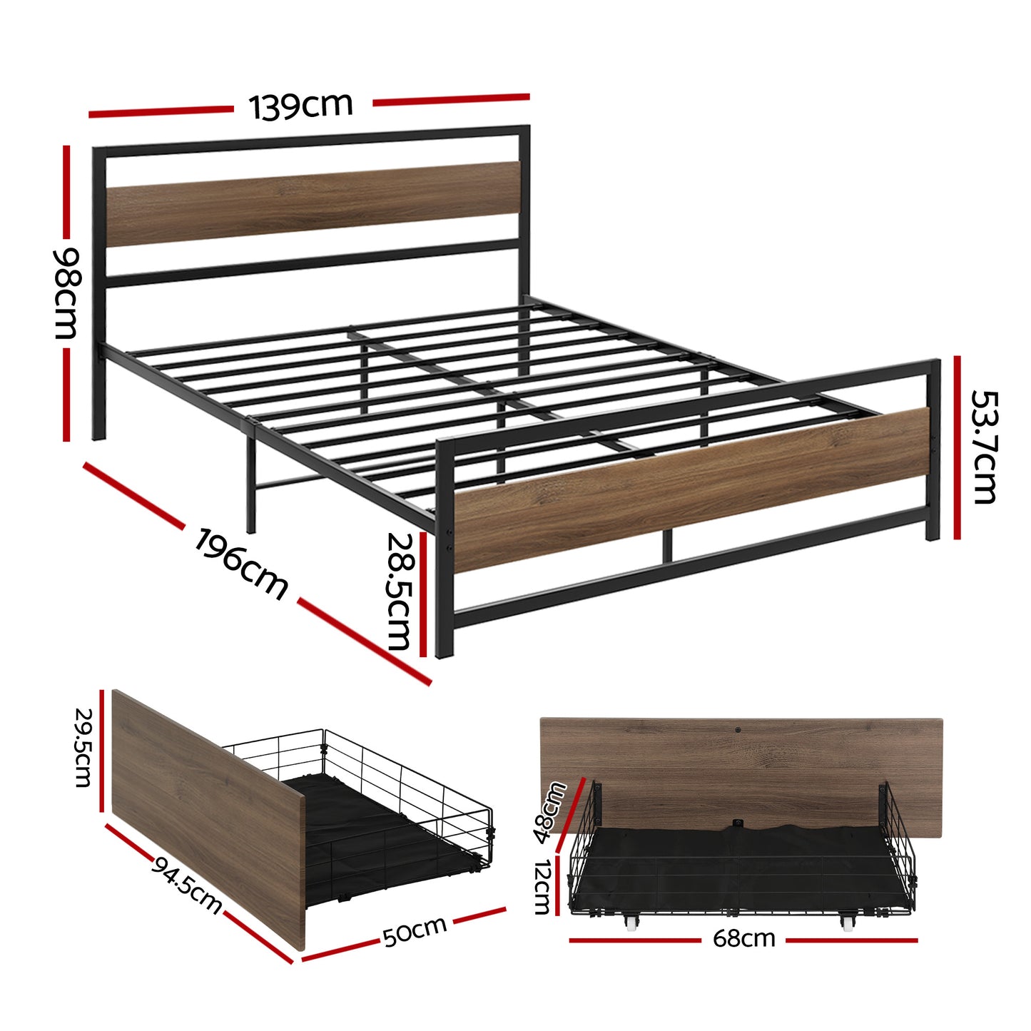 Havana Bed Frame Size Metal Frame with 2 Drawers - Black Double