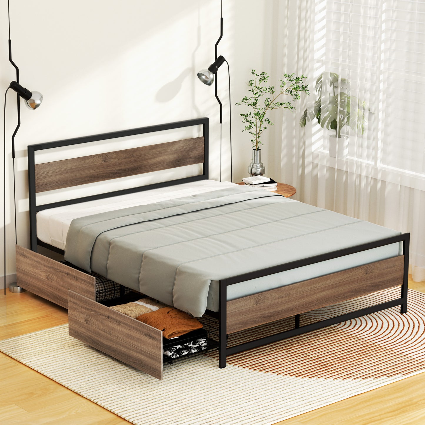 Havana Bed Frame Metal Frame with 2 Drawers - Black Queen