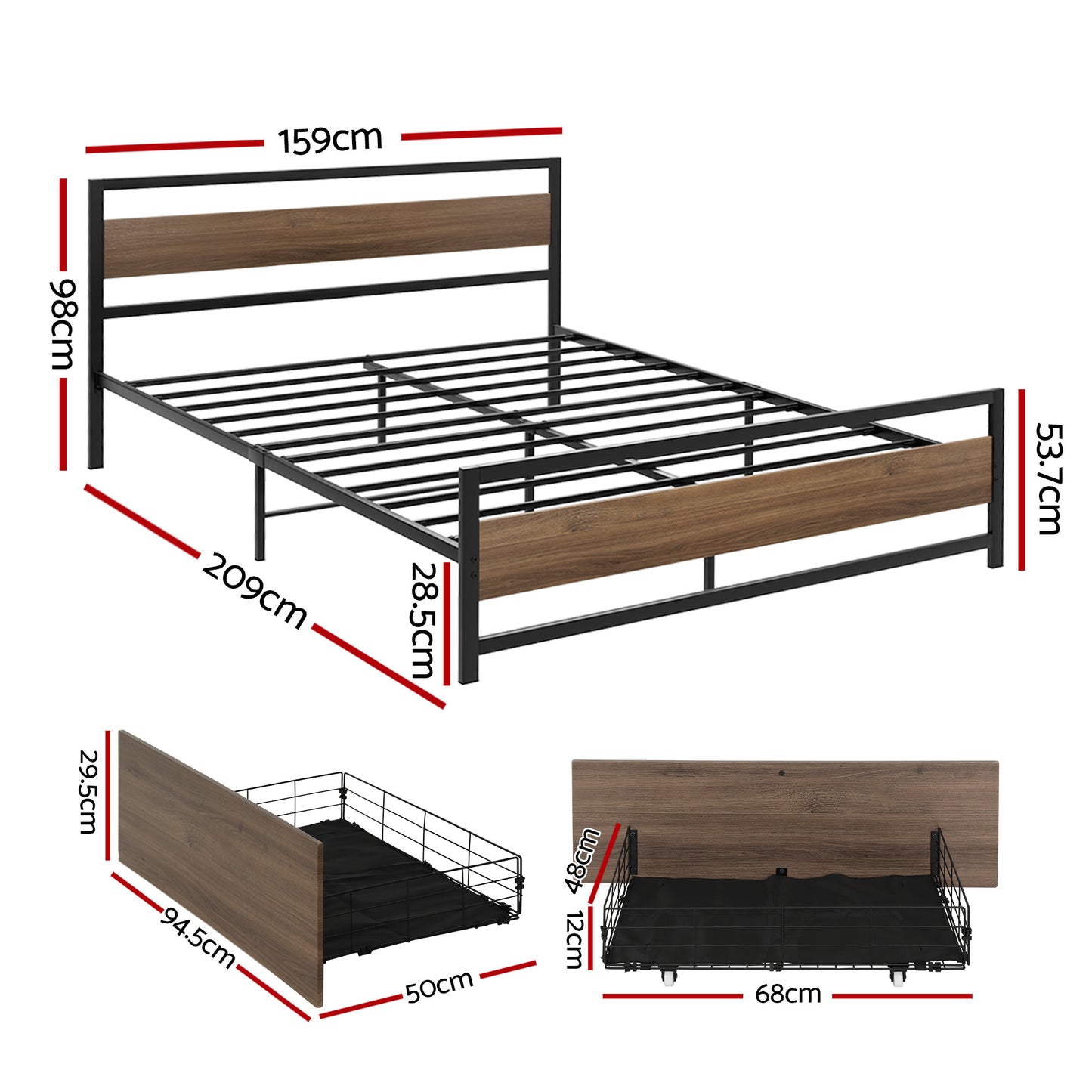 Havana Bed Frame Metal Frame with 2 Drawers - Black Queen