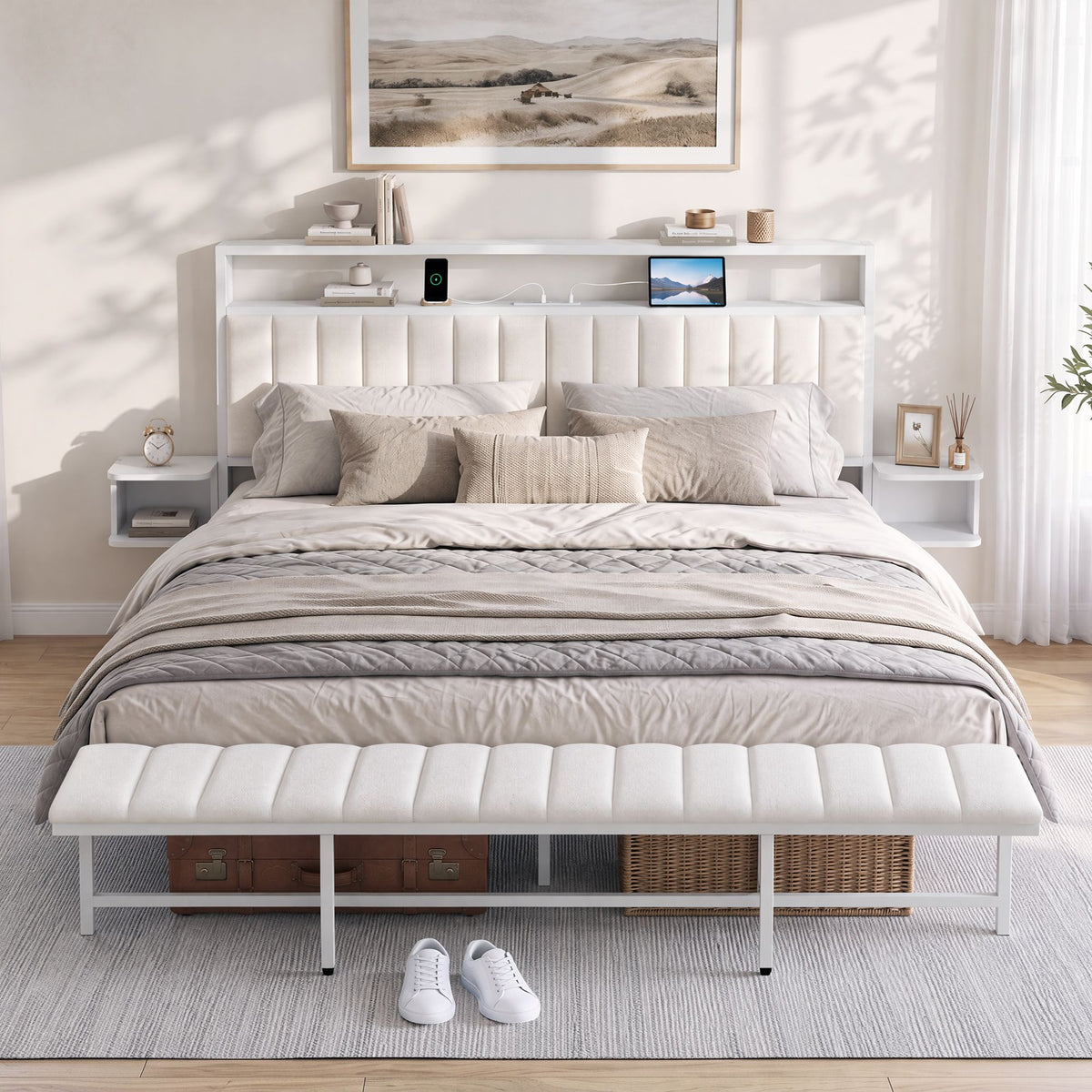Eirene Metal Bed Frame Boucle Headboard Charging Station Side Table - White King
