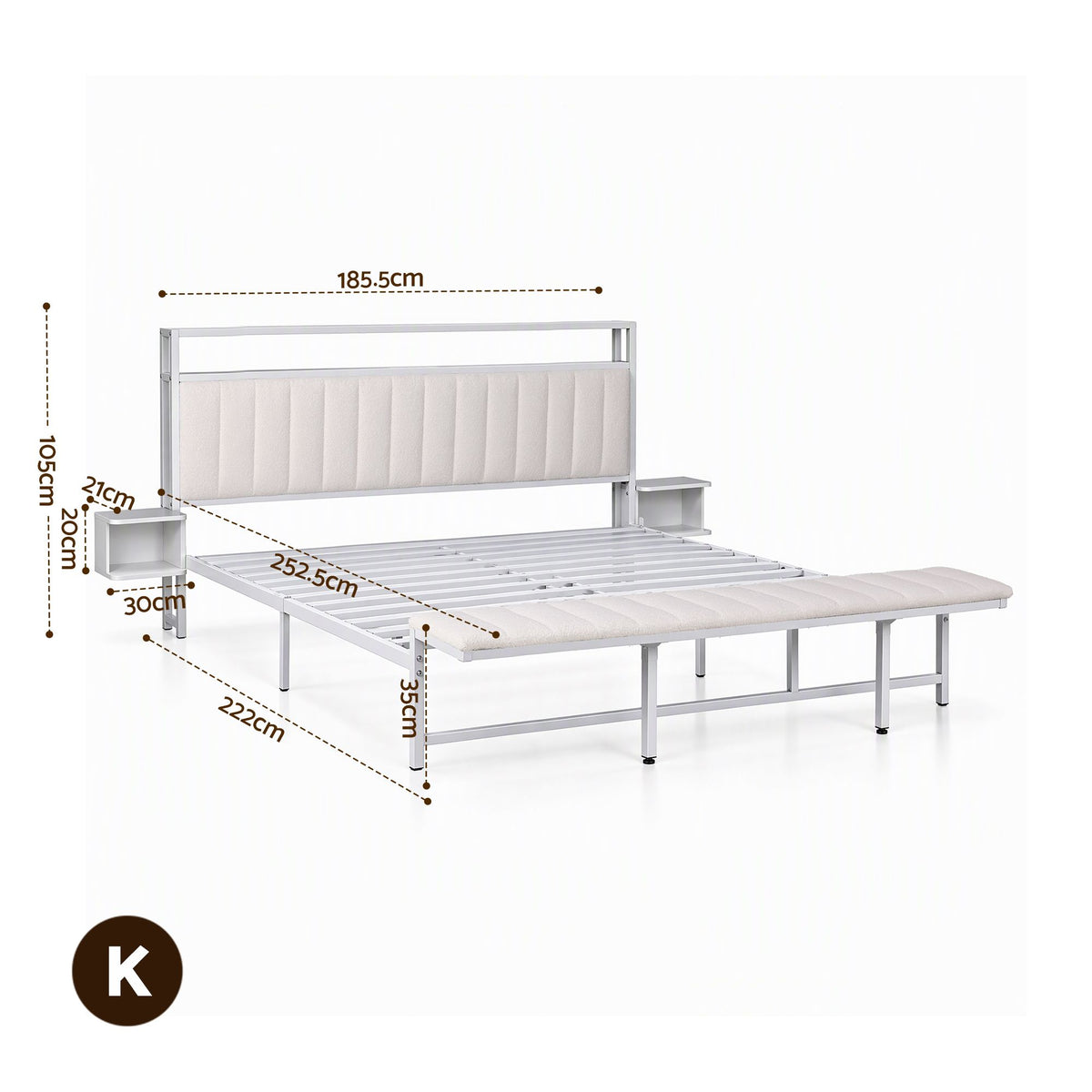 Eirene Metal Bed Frame Boucle Headboard Charging Station Side Table - White King