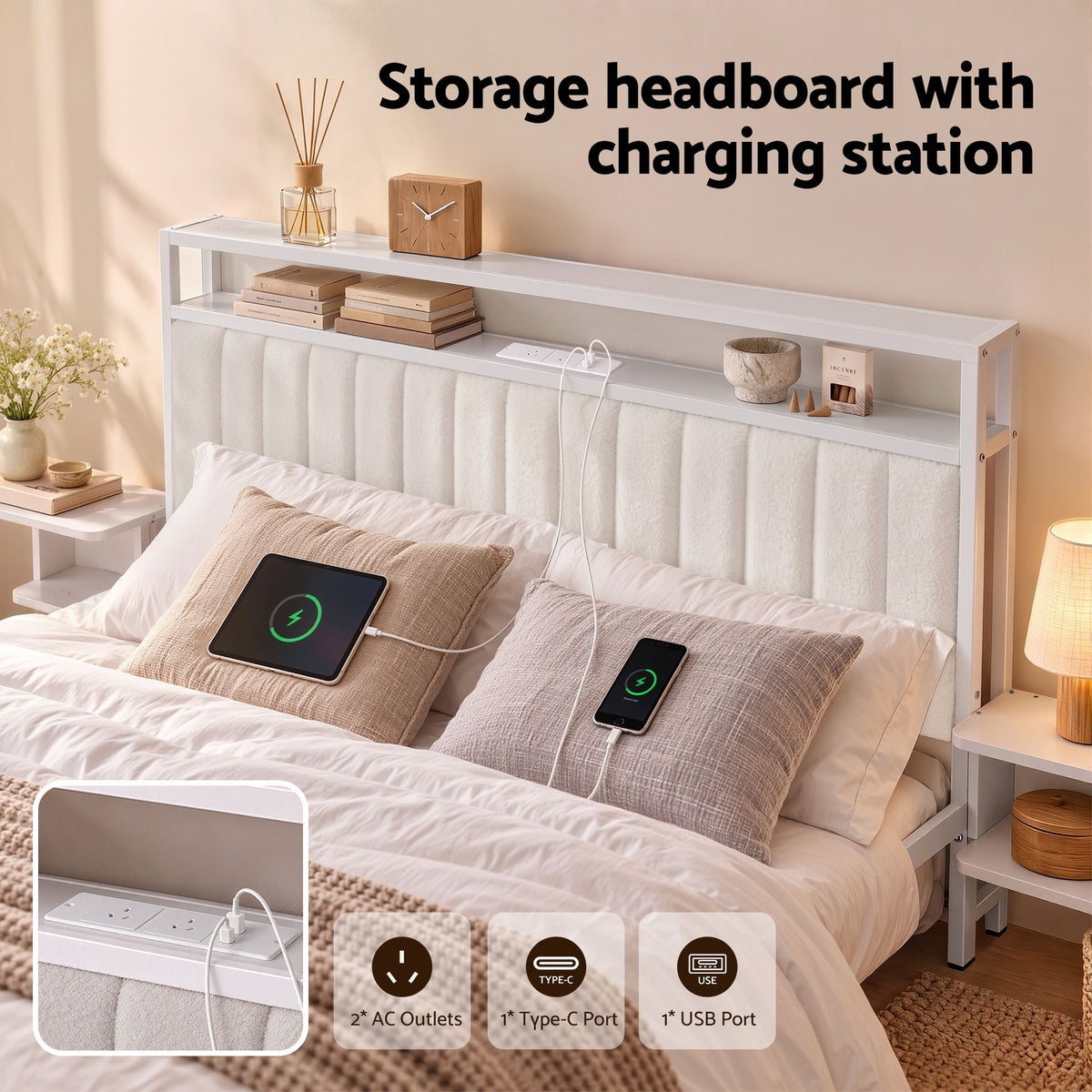 Eirene Metal Bed Frame Boucle Headboard Charging Station Side Table - White King