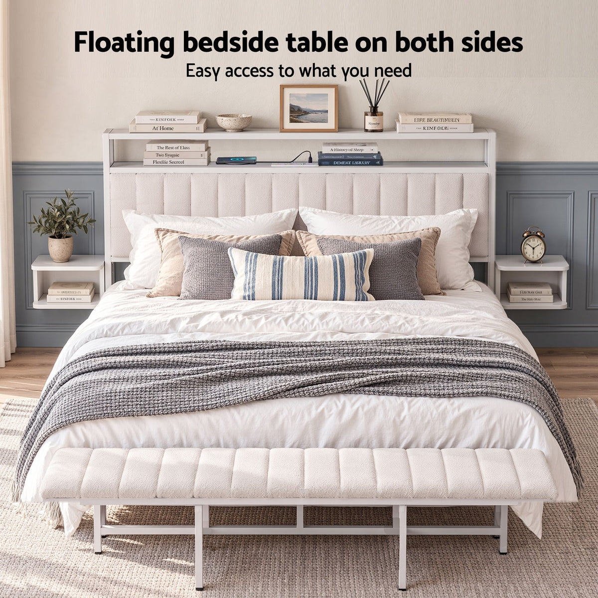 Eirene Metal Bed Frame Boucle Headboard Charging Station Side Table - White King
