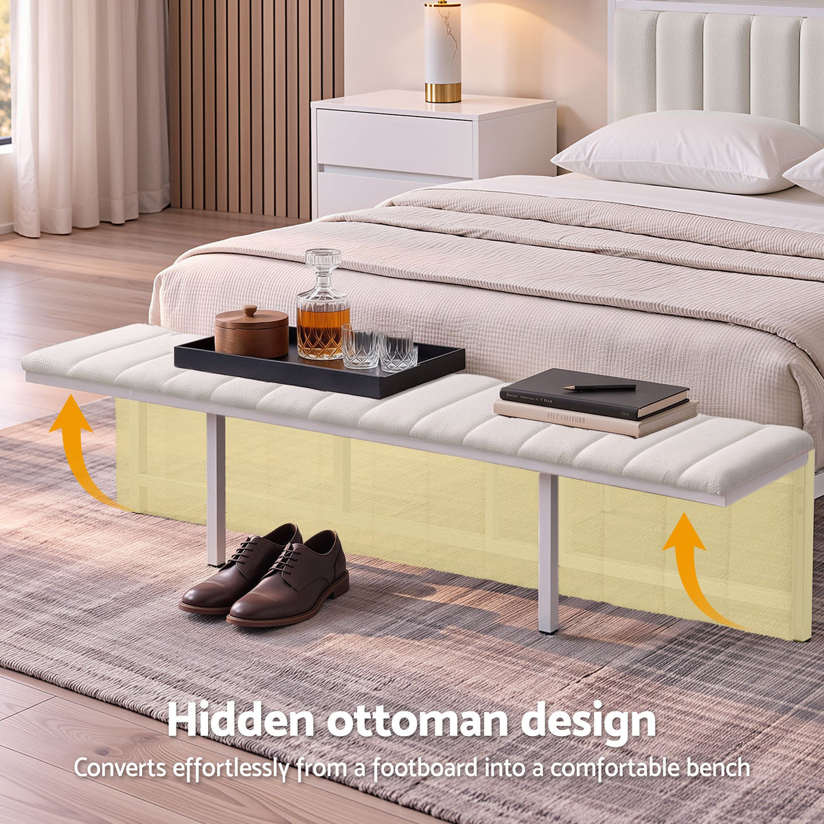 Eirene Metal Bed Frame Boucle Headboard Charging Station Side Table - White King