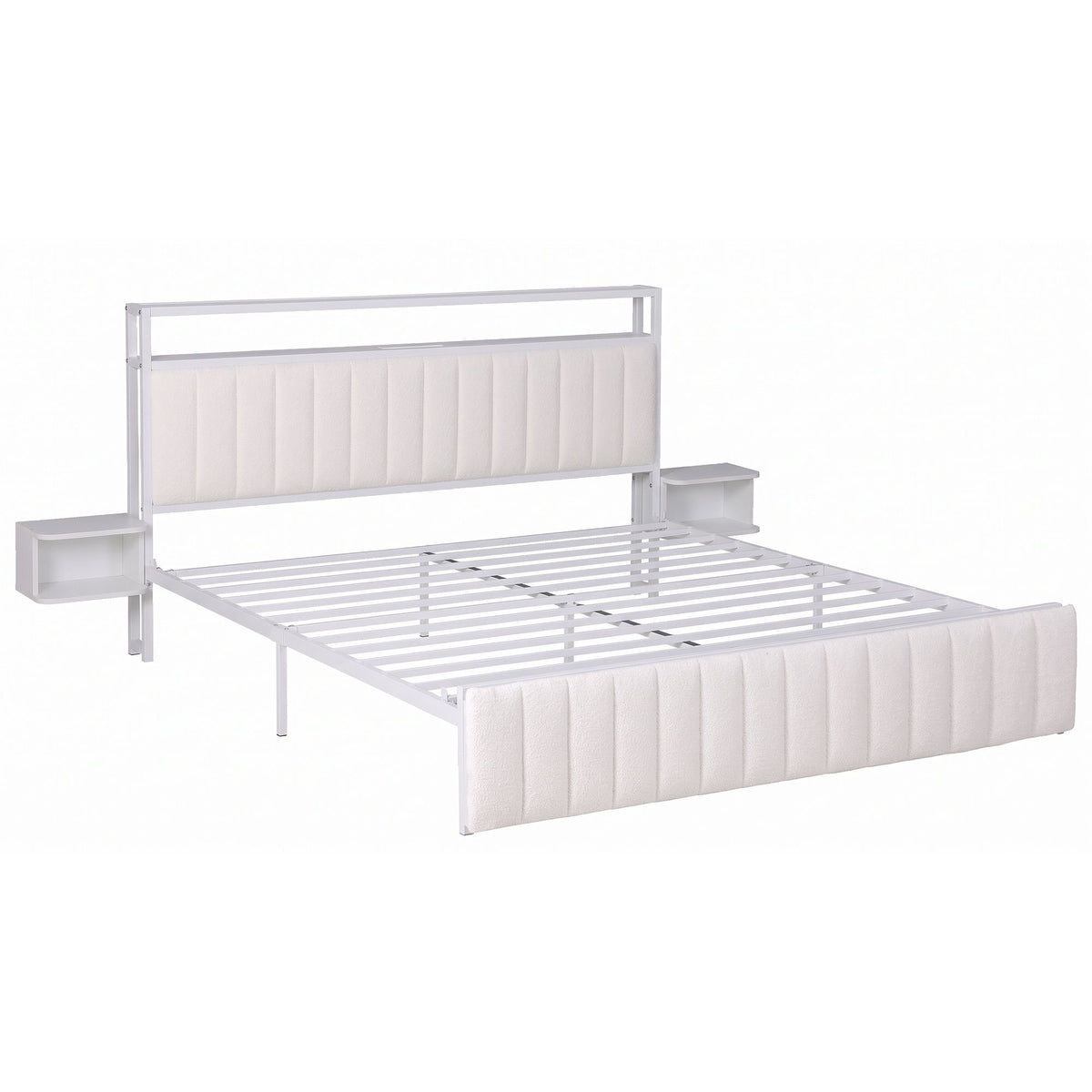 Eirene Metal Bed Frame Boucle Headboard Charging Station Side Table - White King