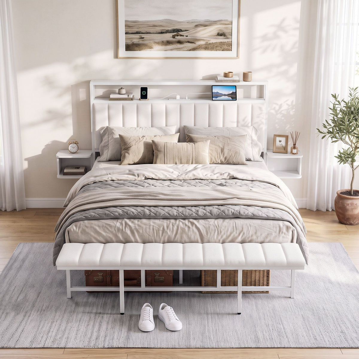 Eirene Metal Bed Frame Boucle Headboard Charging Station Side Table - White Queen
