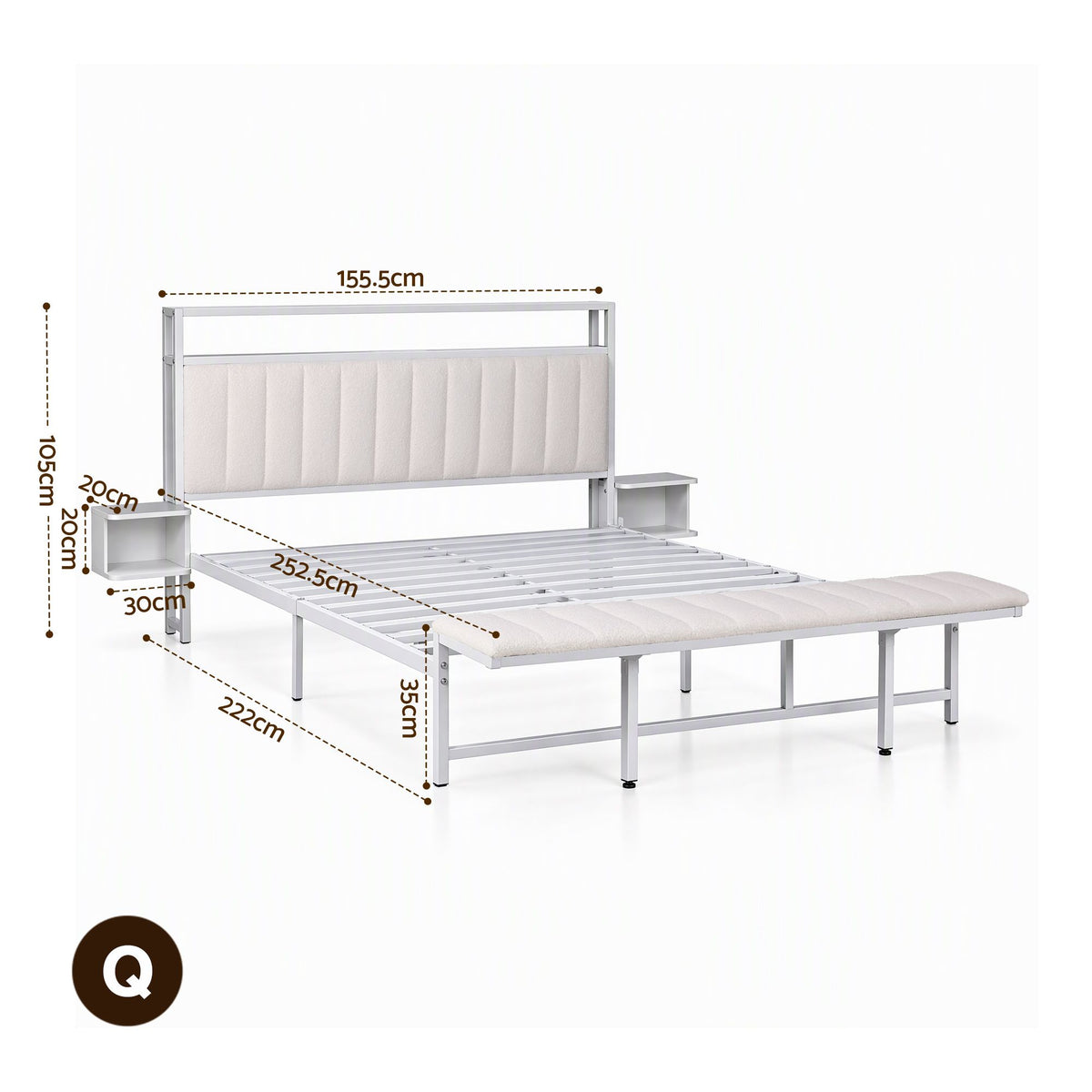 Eirene Metal Bed Frame Boucle Headboard Charging Station Side Table - White Queen