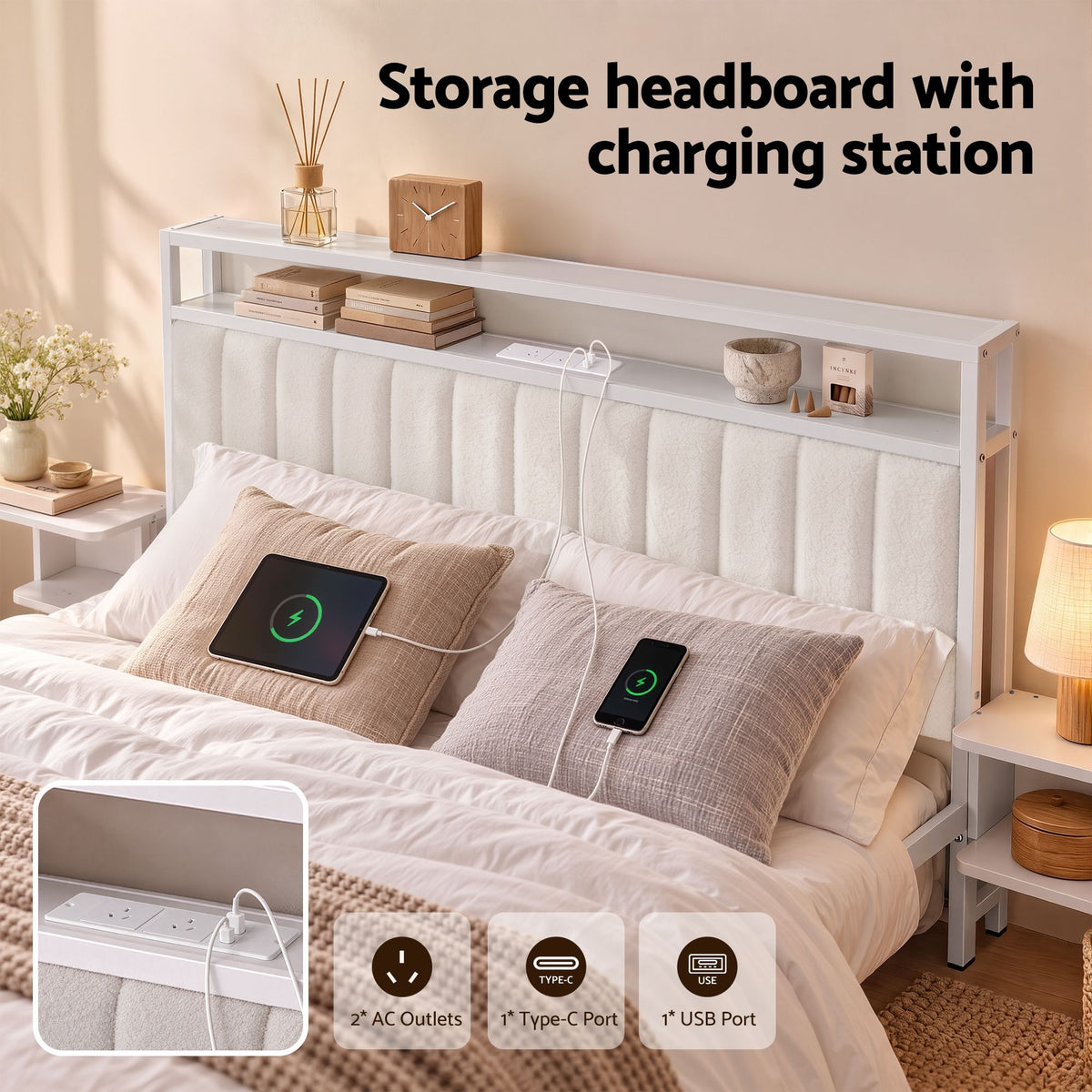 Eirene Metal Bed Frame Boucle Headboard Charging Station Side Table - White Queen