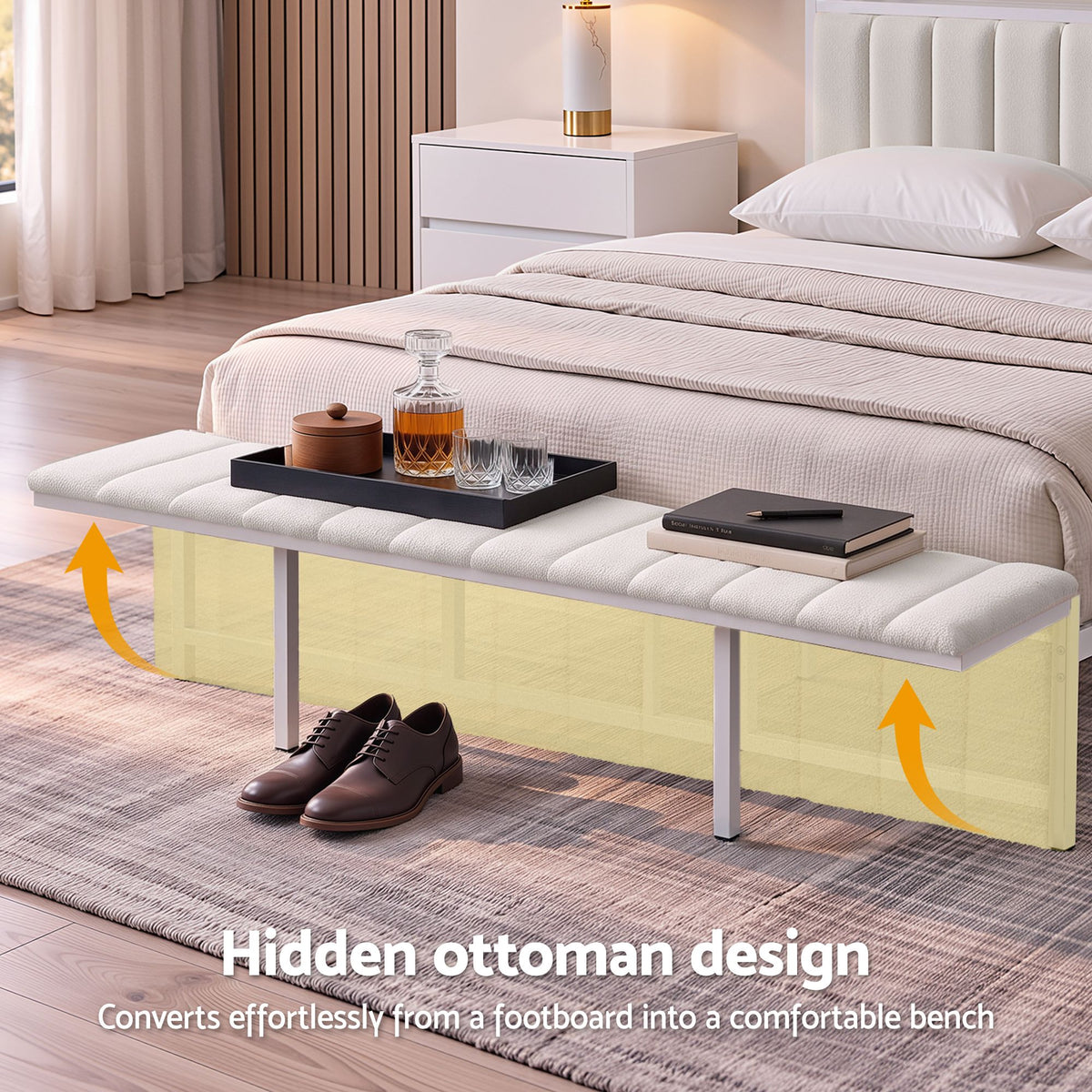 Eirene Metal Bed Frame Boucle Headboard Charging Station Side Table - White Queen