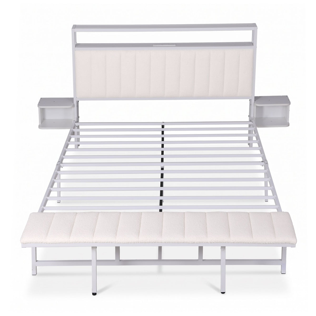 Eirene Metal Bed Frame Boucle Headboard Charging Station Side Table - White Queen