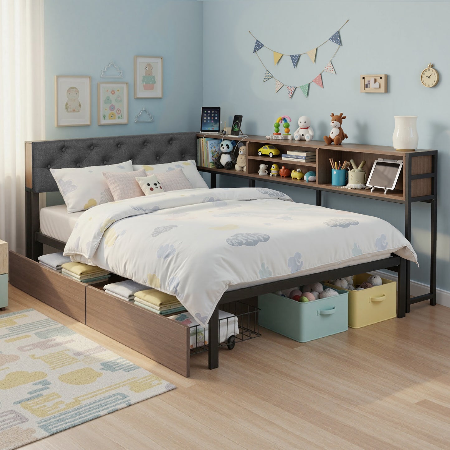 Cedar Bed Frame with 2 Drawers and Charging Station - Oak King Single