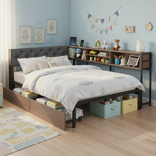 Cedar Bed Frame with 2 Drawers and Charging Station - Oak King Single