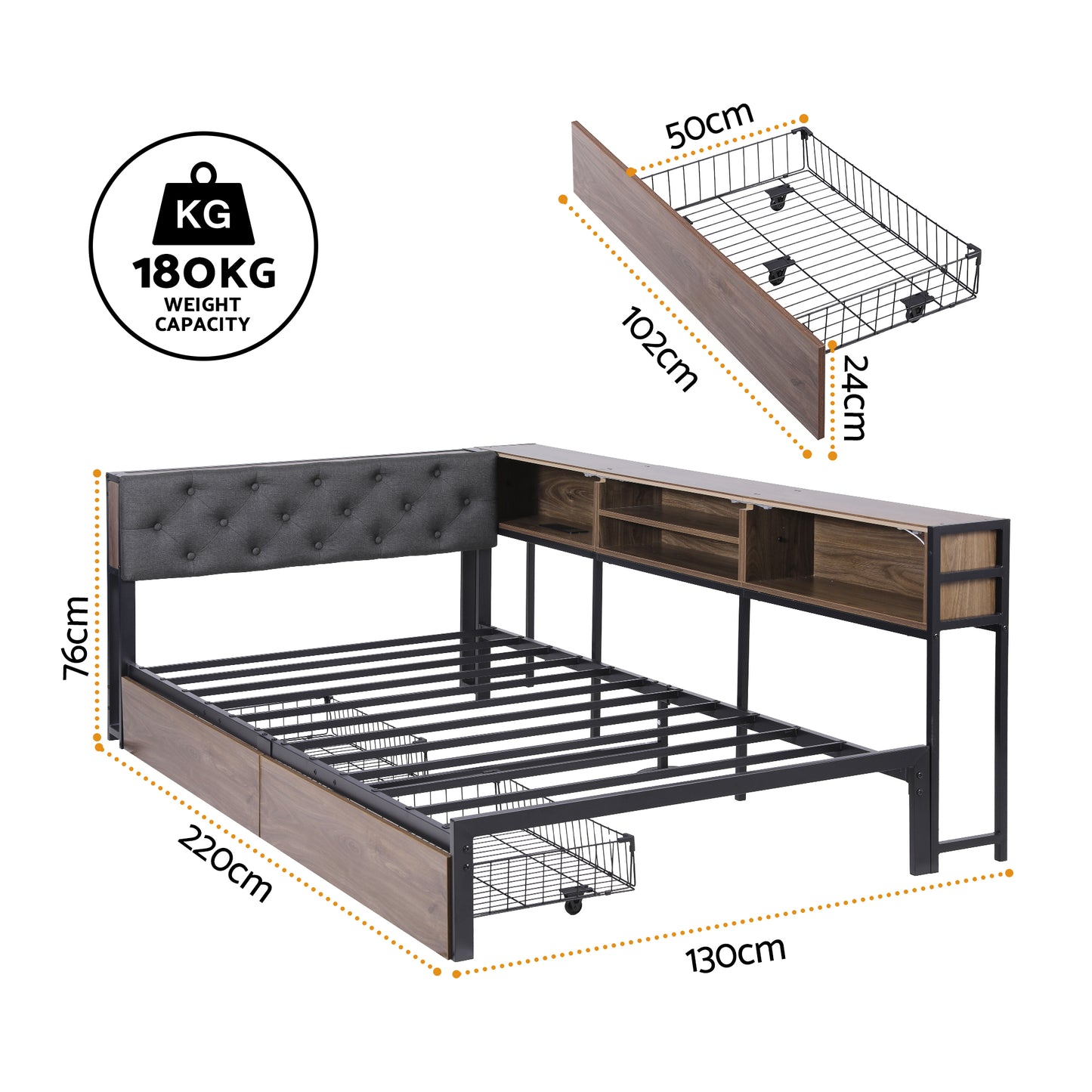 Cedar Bed Frame with 2 Drawers and Charging Station - Oak King Single