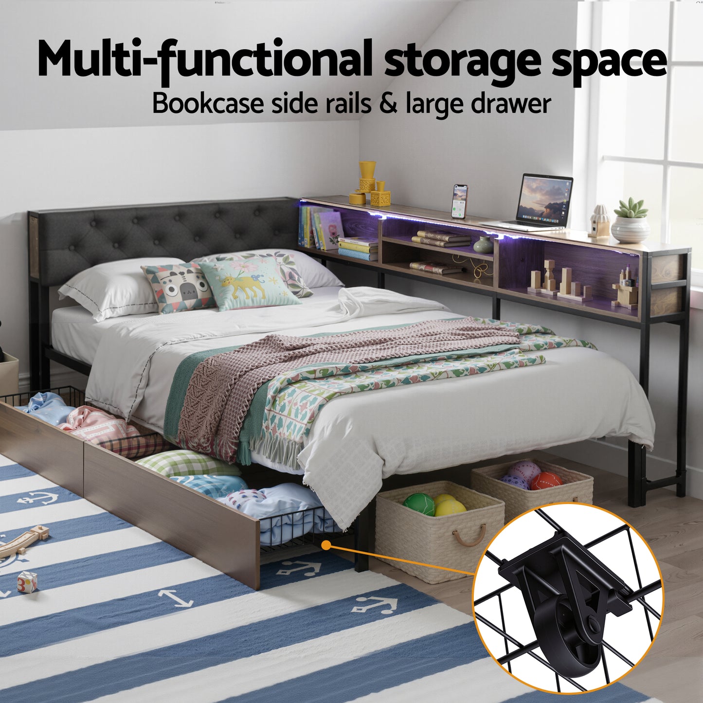 Cedar Bed Frame with 2 Drawers and Charging Station - Oak King Single