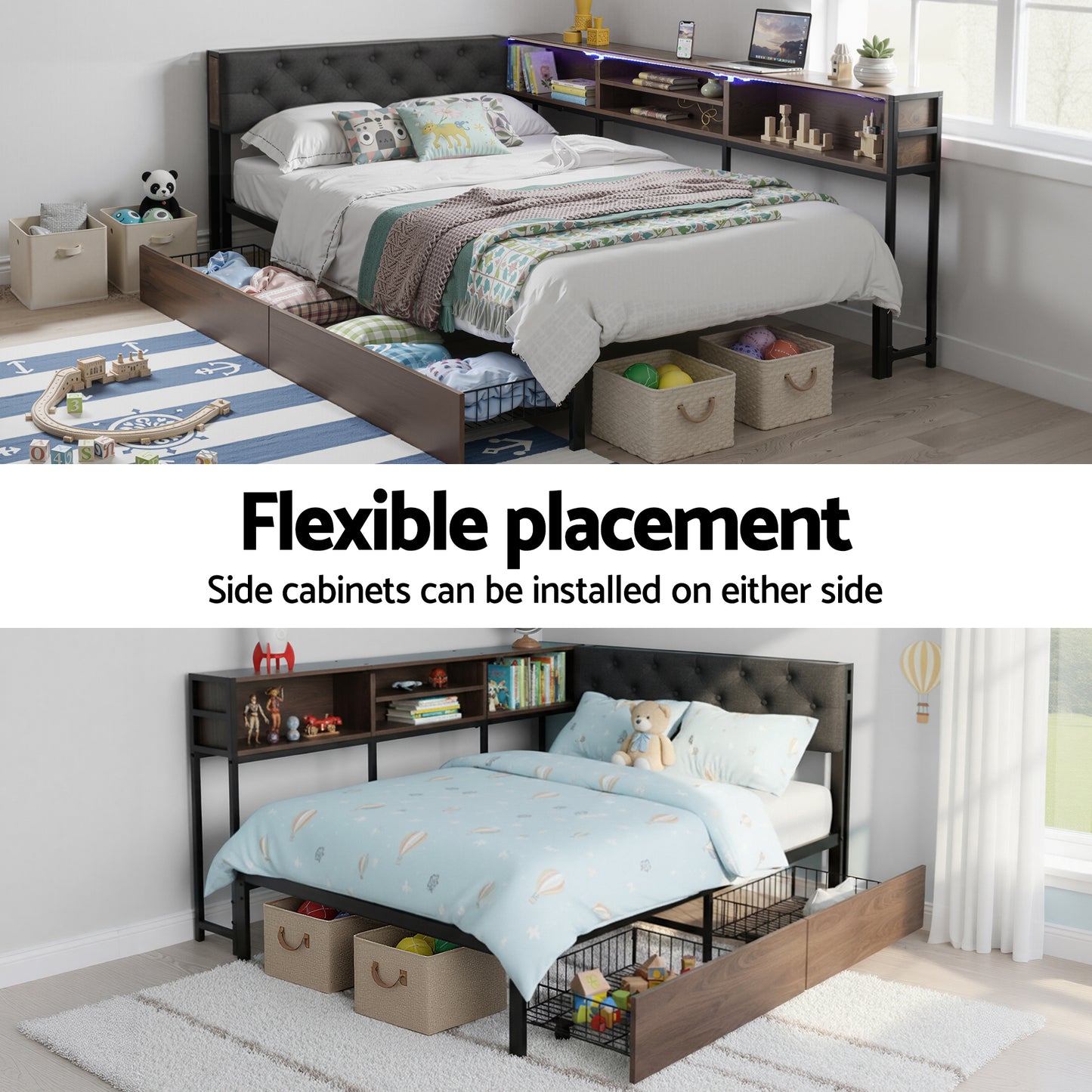 Cedar Bed Frame with 2 Drawers and Charging Station - Oak King Single