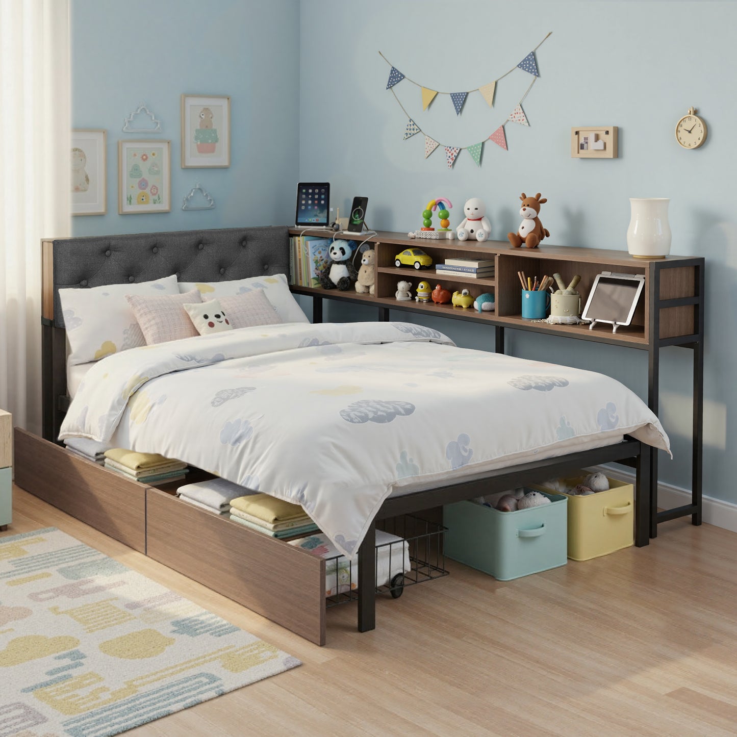 Cedar Bed Frame with 2 Drawers and Charging Station - Oak Single