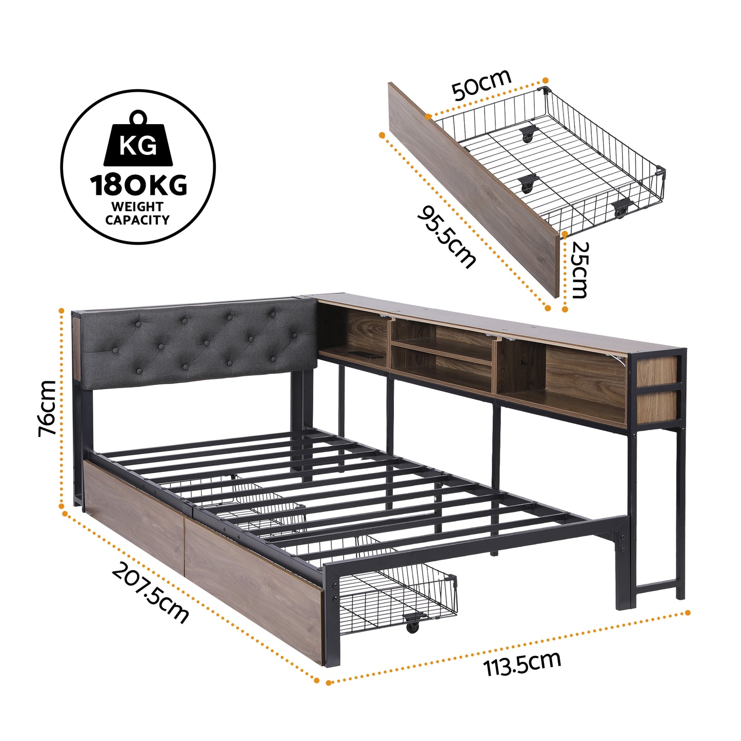 Cedar Bed Frame with 2 Drawers and Charging Station - Oak Single