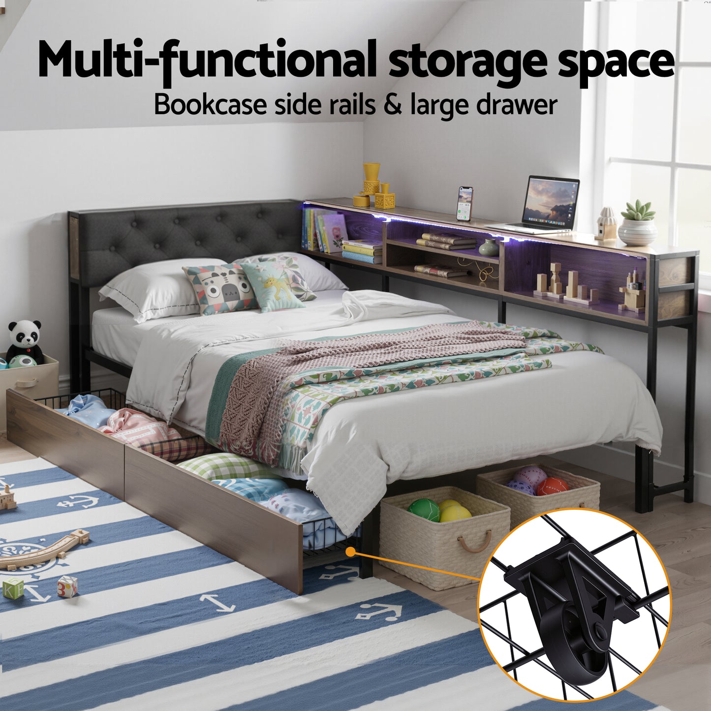 Cedar Bed Frame with 2 Drawers and Charging Station - Oak Single