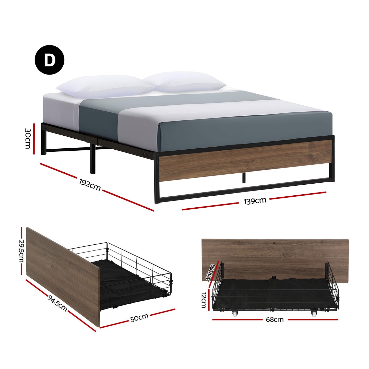 Scott Bed Frame Metal Frame Size Bed Base 2 Drawers - Black Double