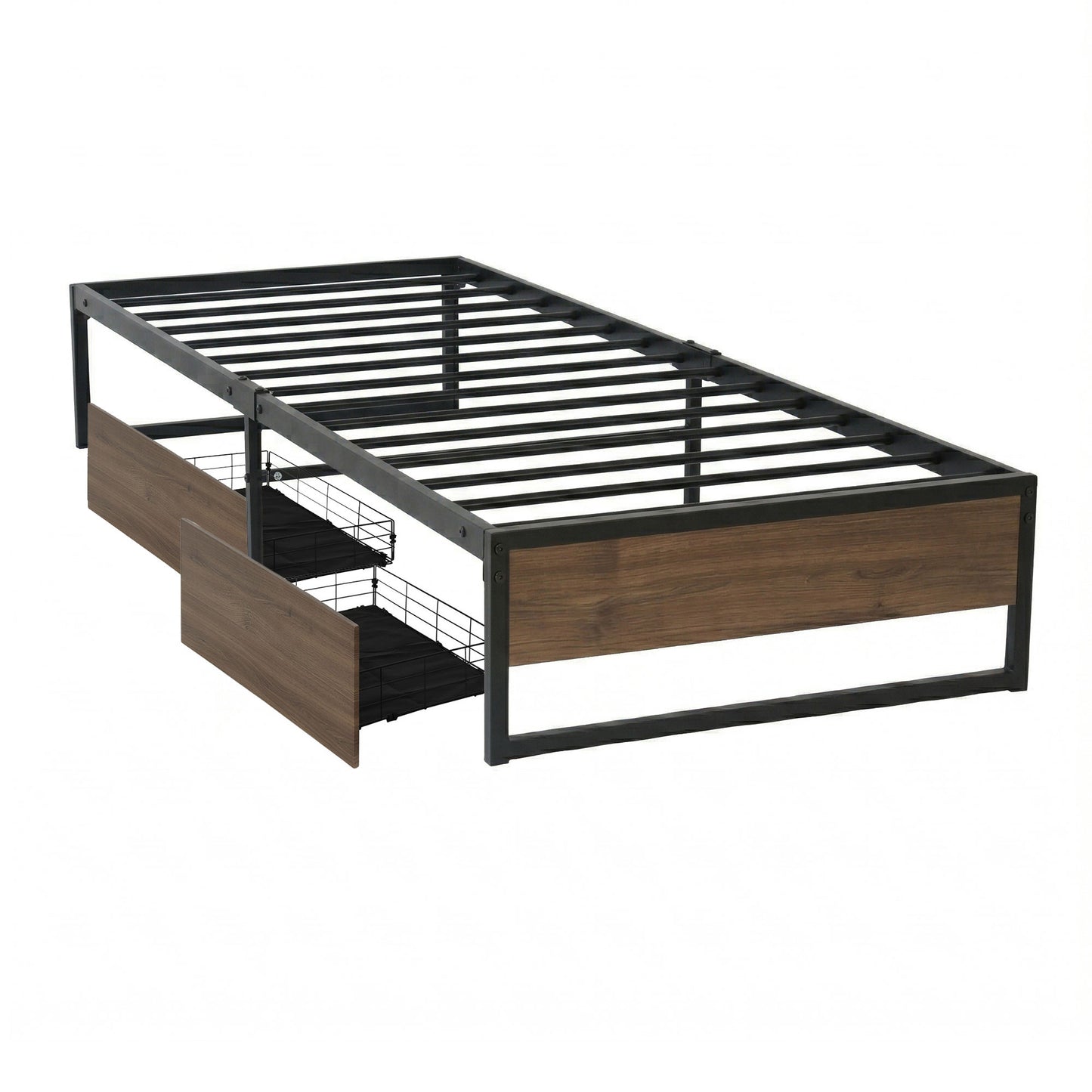 Scott Bed Frame Metal Frame Bed Base 2 Drawers - Black King Single