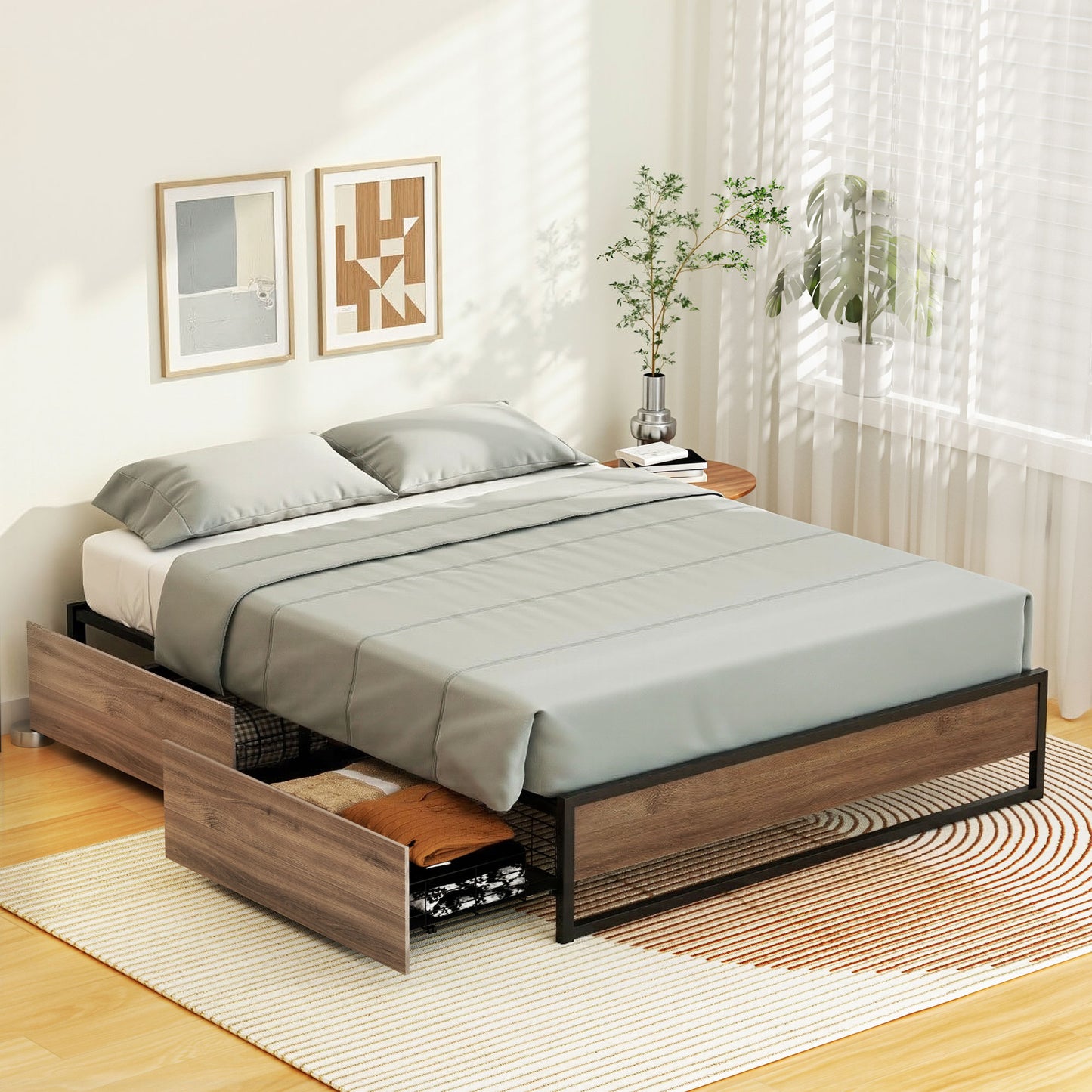Scott Bed Frame Metal Frame Bed Base 2 Drawers - Black Queen