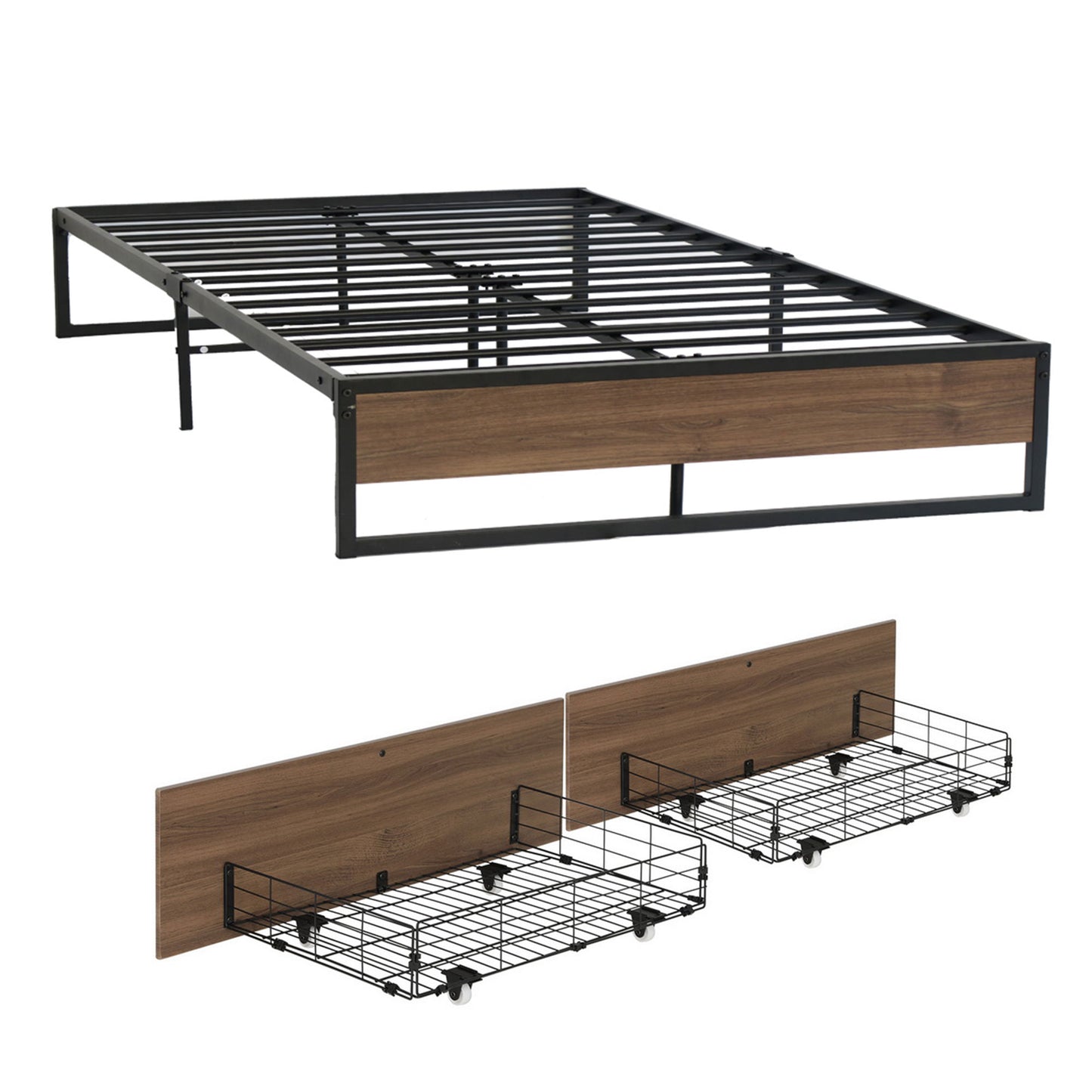 Scott Bed Frame Metal Frame Bed Base 2 Drawers - Black Queen