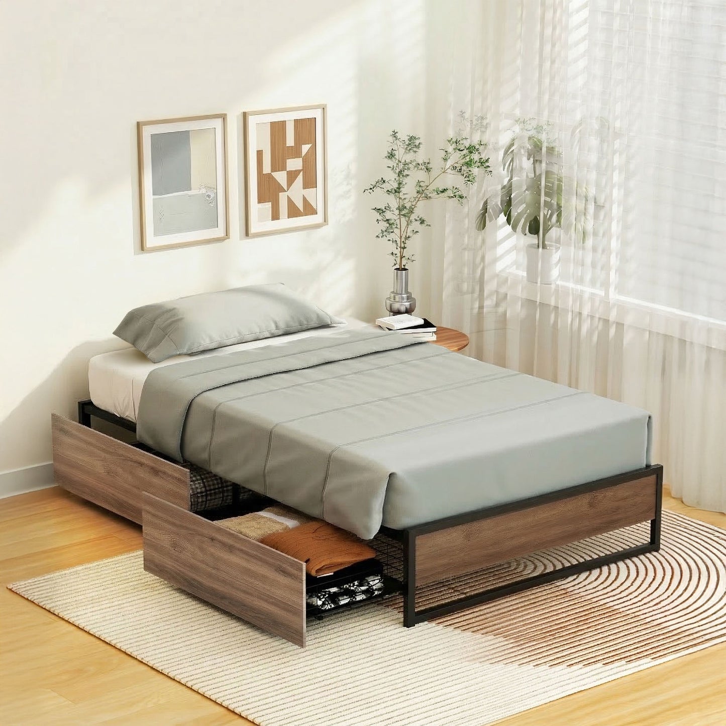 Scott Bed Frame Metal Frame Bed Base 2 Drawers - Black Single