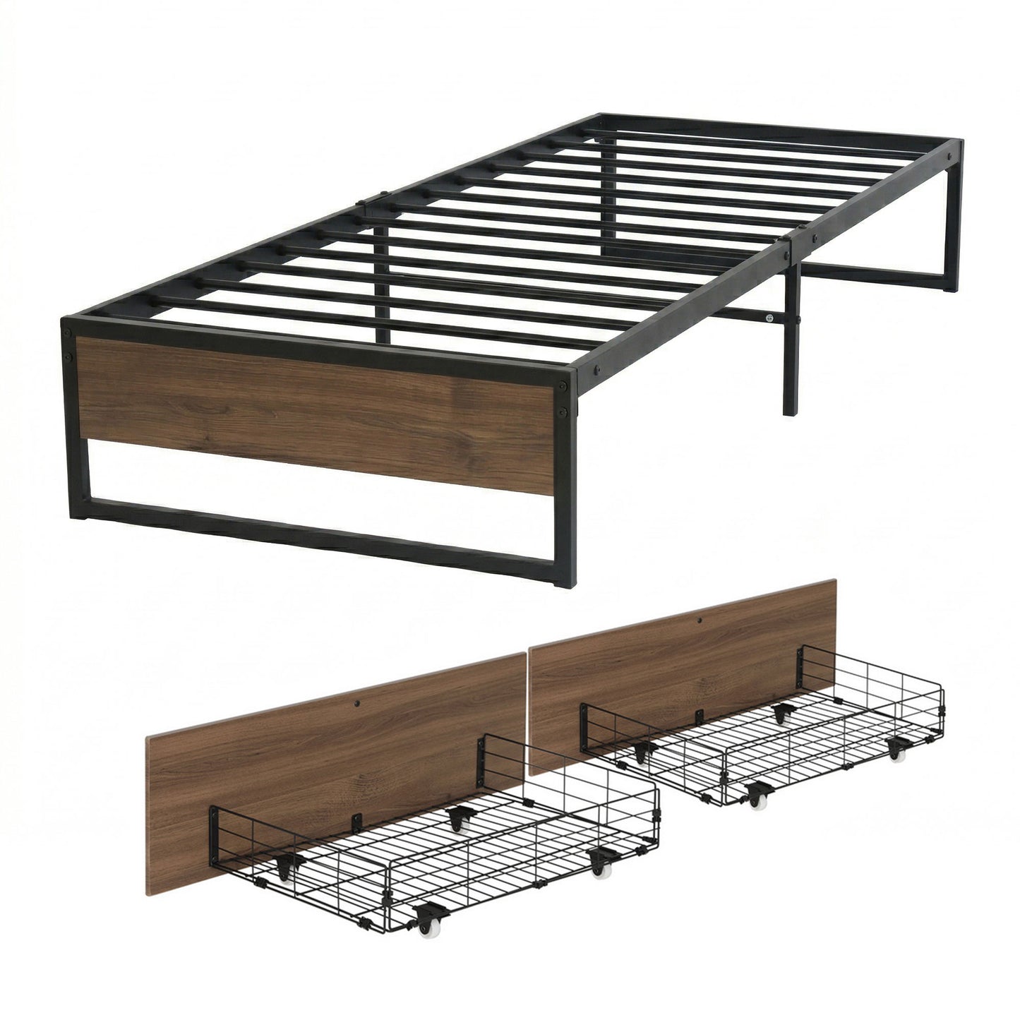 Scott Bed Frame Metal Frame Bed Base 2 Drawers - Black Single