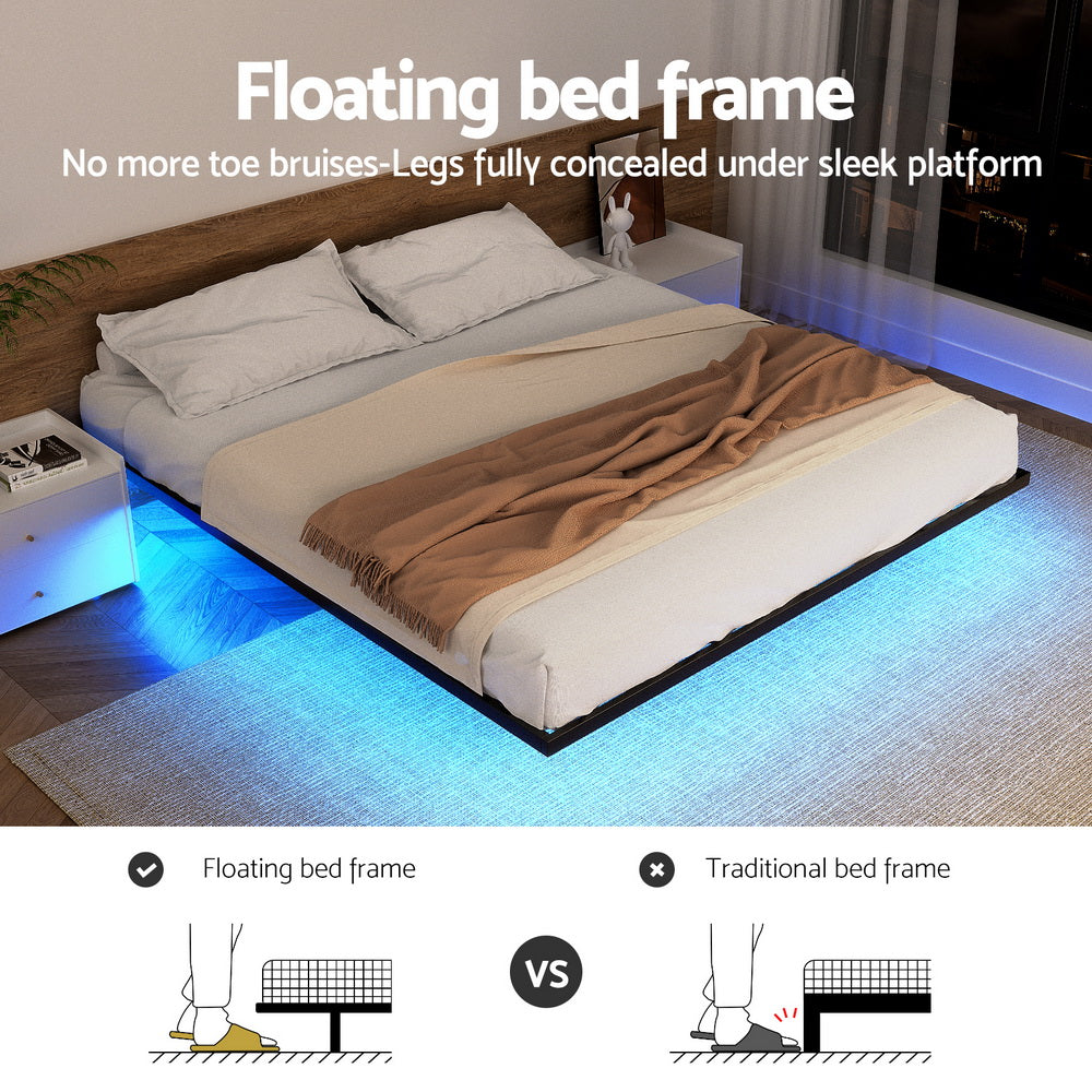 Monaco Metal Platform Bed Base with Smart LED Lights Floating Effect - Black Queen