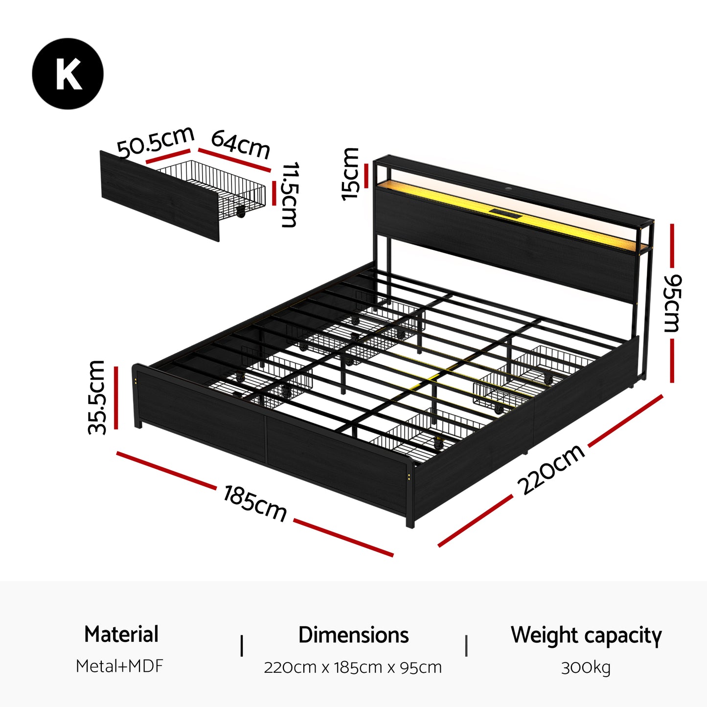 Nestora Metal Bed Frame with 2-Tier Storage Headboard Metal Platform - Black King