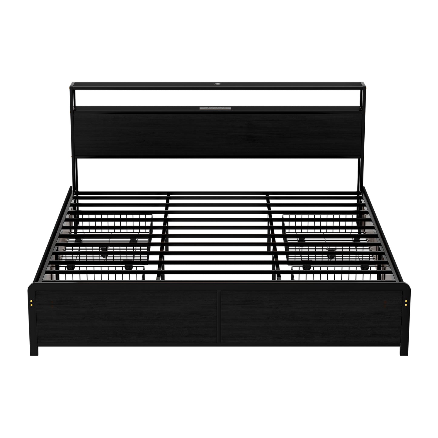 Nestora Metal Bed Frame with 2-Tier Storage Headboard Metal Platform - Black King