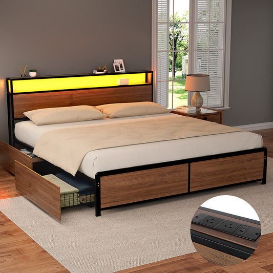 Nestora Metal Bed Frame with 2-Tier Storage Headboard Metal Platform - Black King