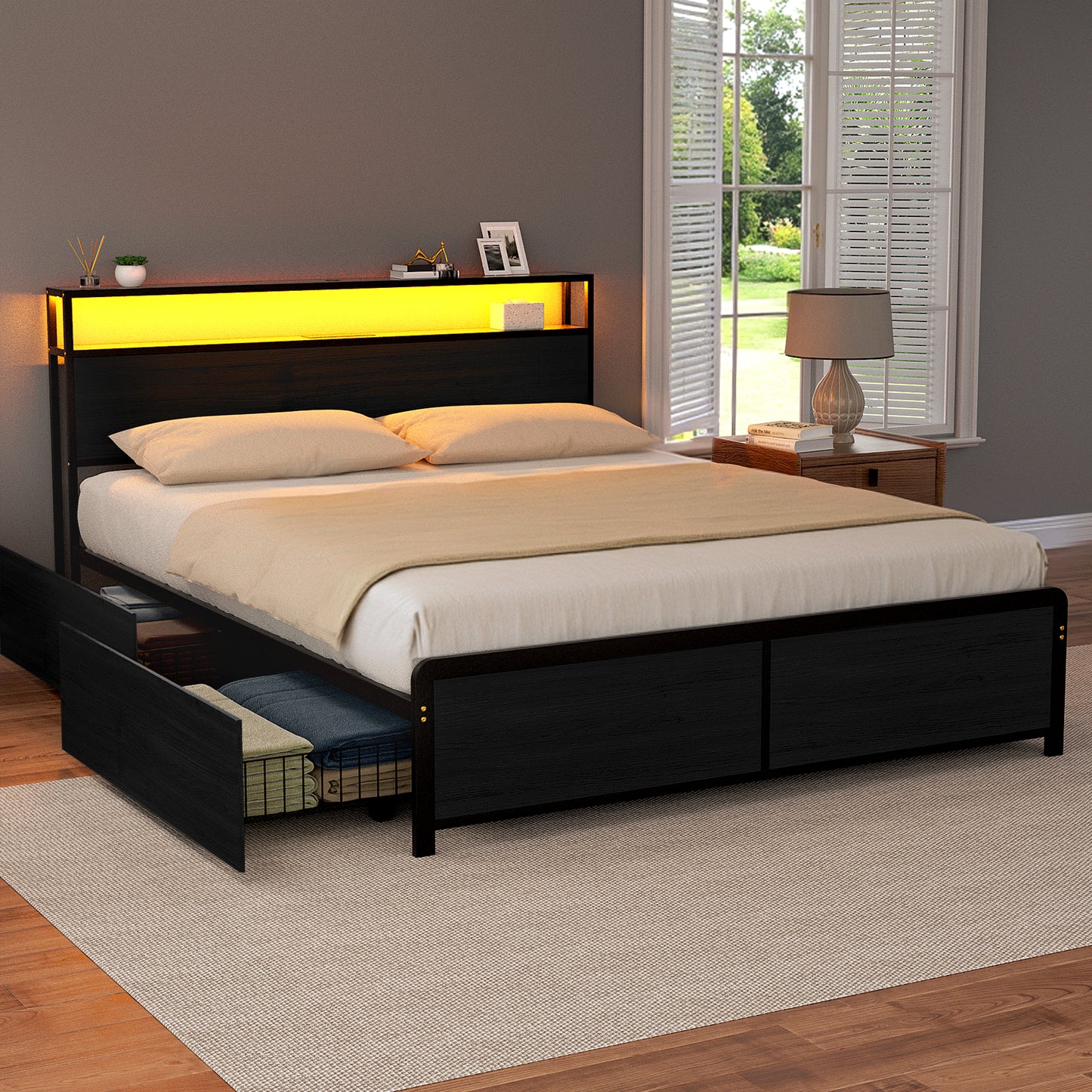 Nestora Metal Bed Frame with 2-Tier Storage Headboard Metal Platform - Black Queen