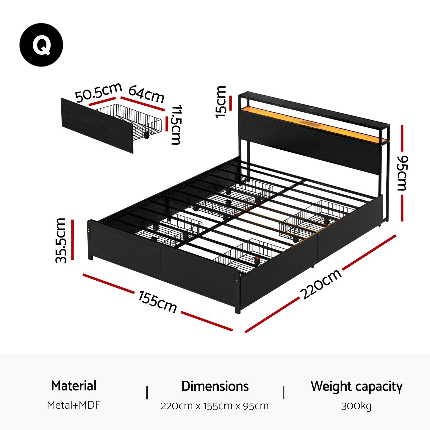 Nestora Metal Bed Frame with 2-Tier Storage Headboard Metal Platform - Black Queen