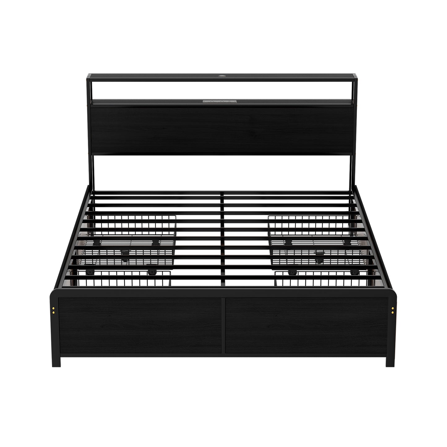 Nestora Metal Bed Frame with 2-Tier Storage Headboard Metal Platform - Black Queen