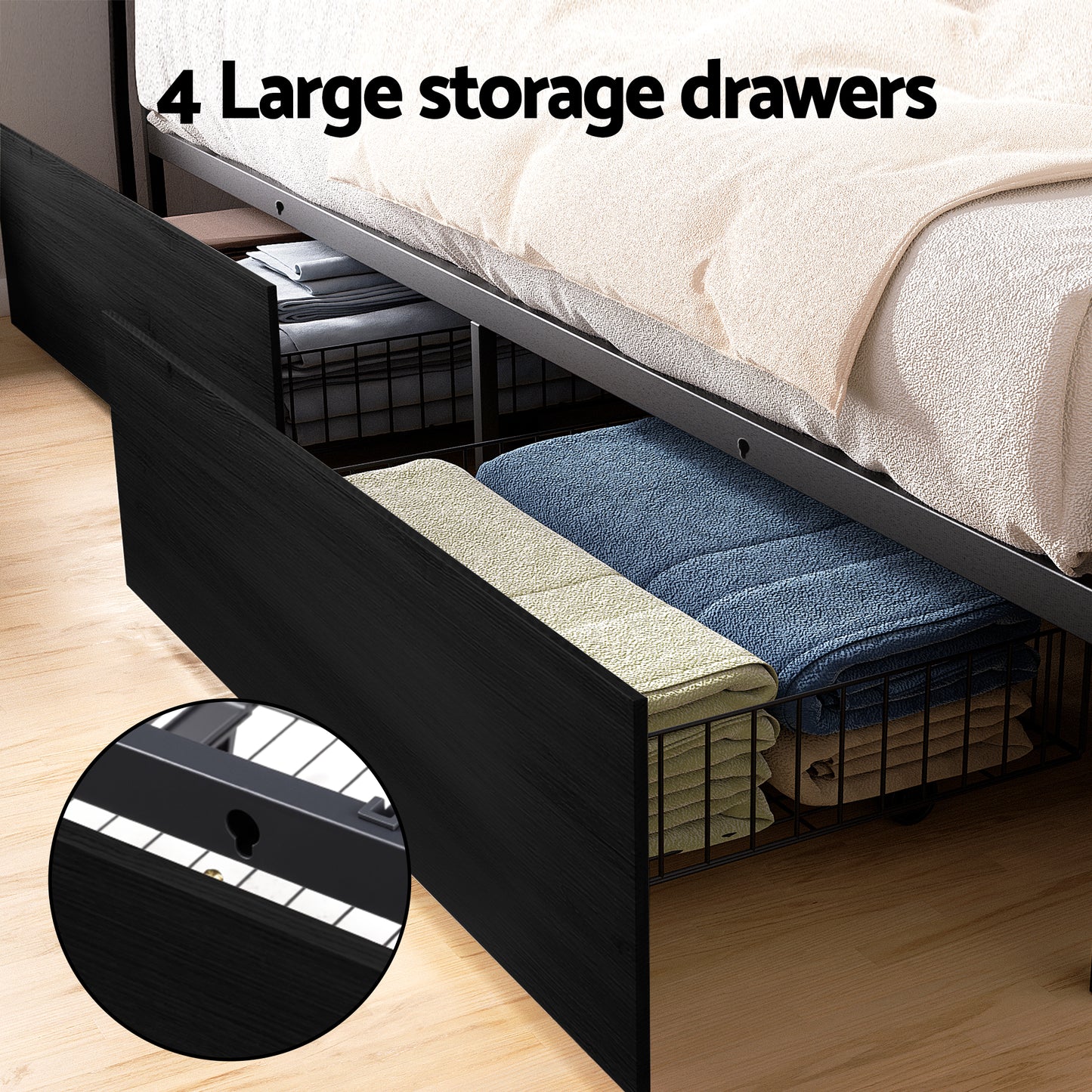 Nestora Metal Bed Frame with 2-Tier Storage Headboard Metal Platform - Black Queen