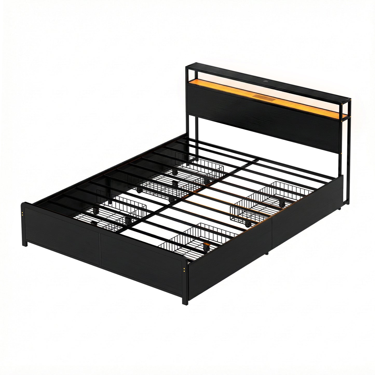 Nestora Metal Bed Frame with 2-Tier Storage Headboard Metal Platform - Black Queen