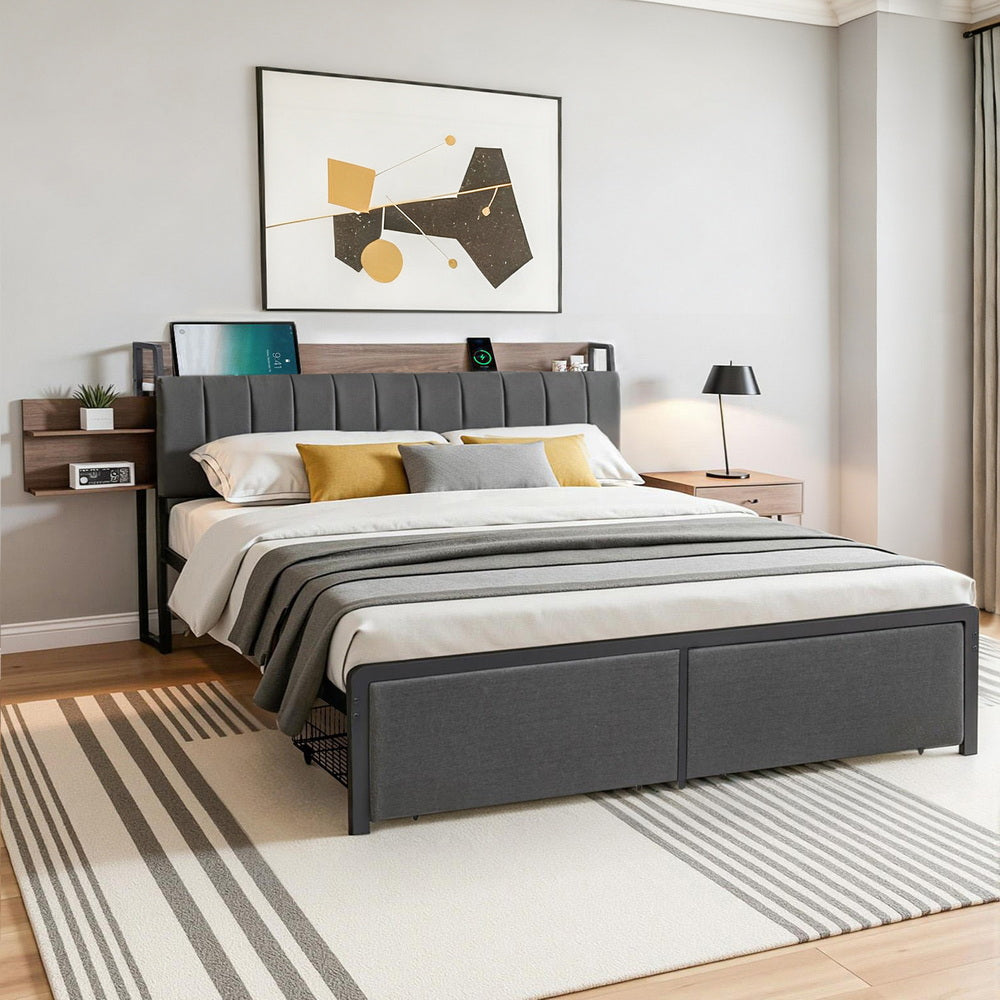 Andy Metal Bed Frame with 2-Tier Hidden Storage and Charging Station ...