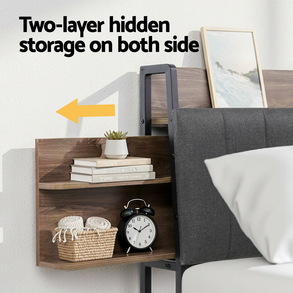 Andy Metal Bed Frame with 2-Tier Hidden Storage and Charging Station - Grey King