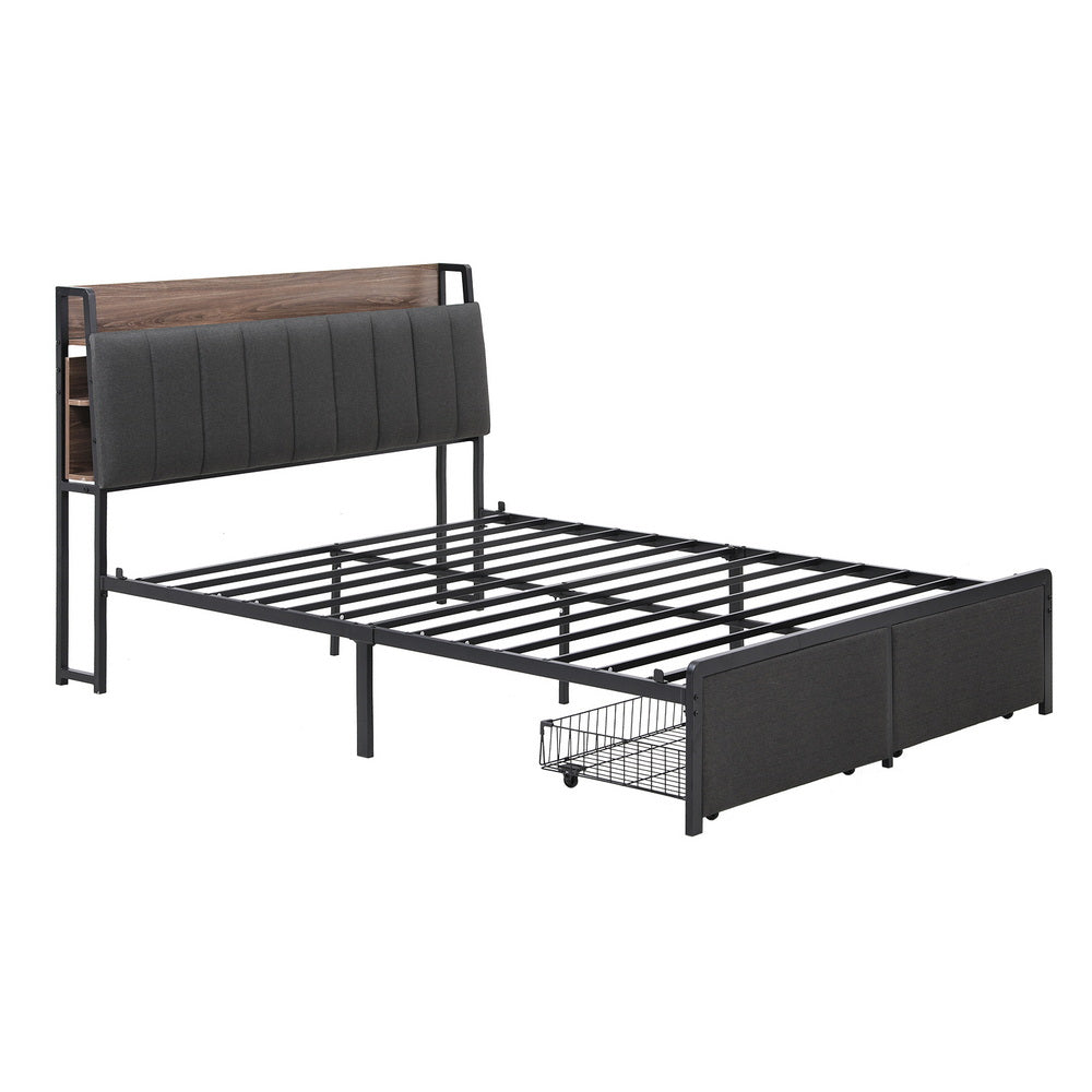 Andy Metal Bed Frame with 2-Tier Hidden Storage and Charging Station - Grey Queen