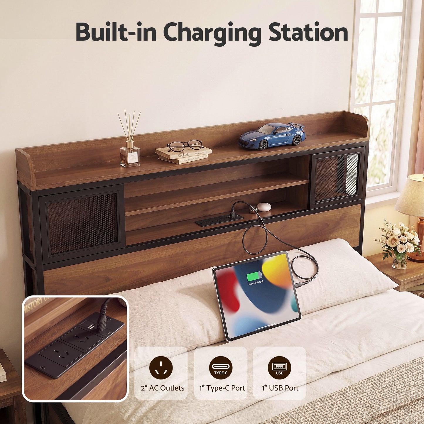 Giada Bed Frame with Charging Station 4 Drawers Storage - Oak Double