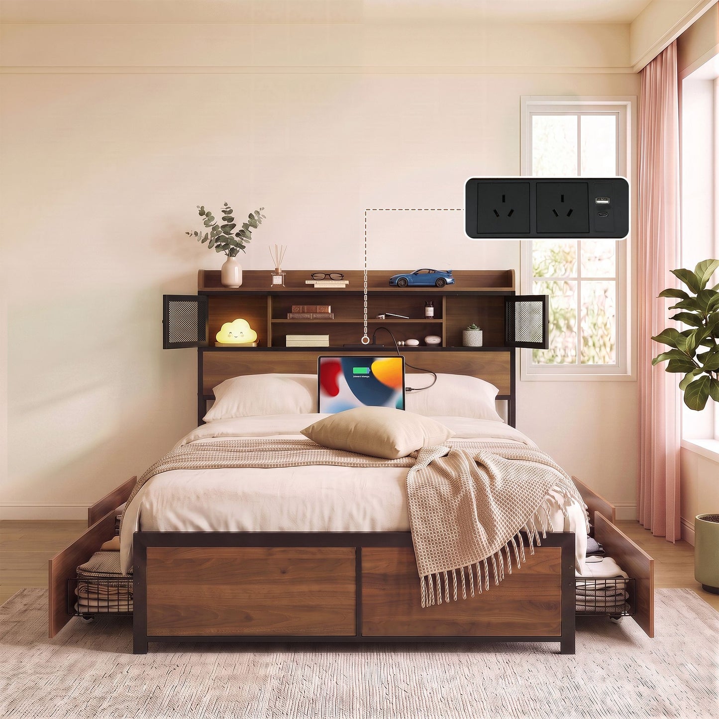 Giada Bed Frame with Charging Station 4 Drawers Storage - Oak Double