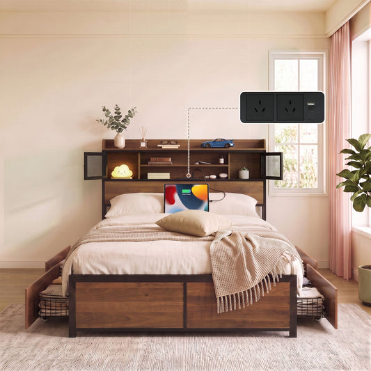 Giada Bed Frame with Charging Station 4 Drawers Storage - Oak Double
