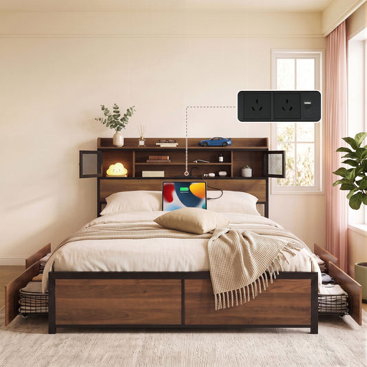 Giada Bed Frame with Charging Station 4 Drawers Storage - Oak Queen