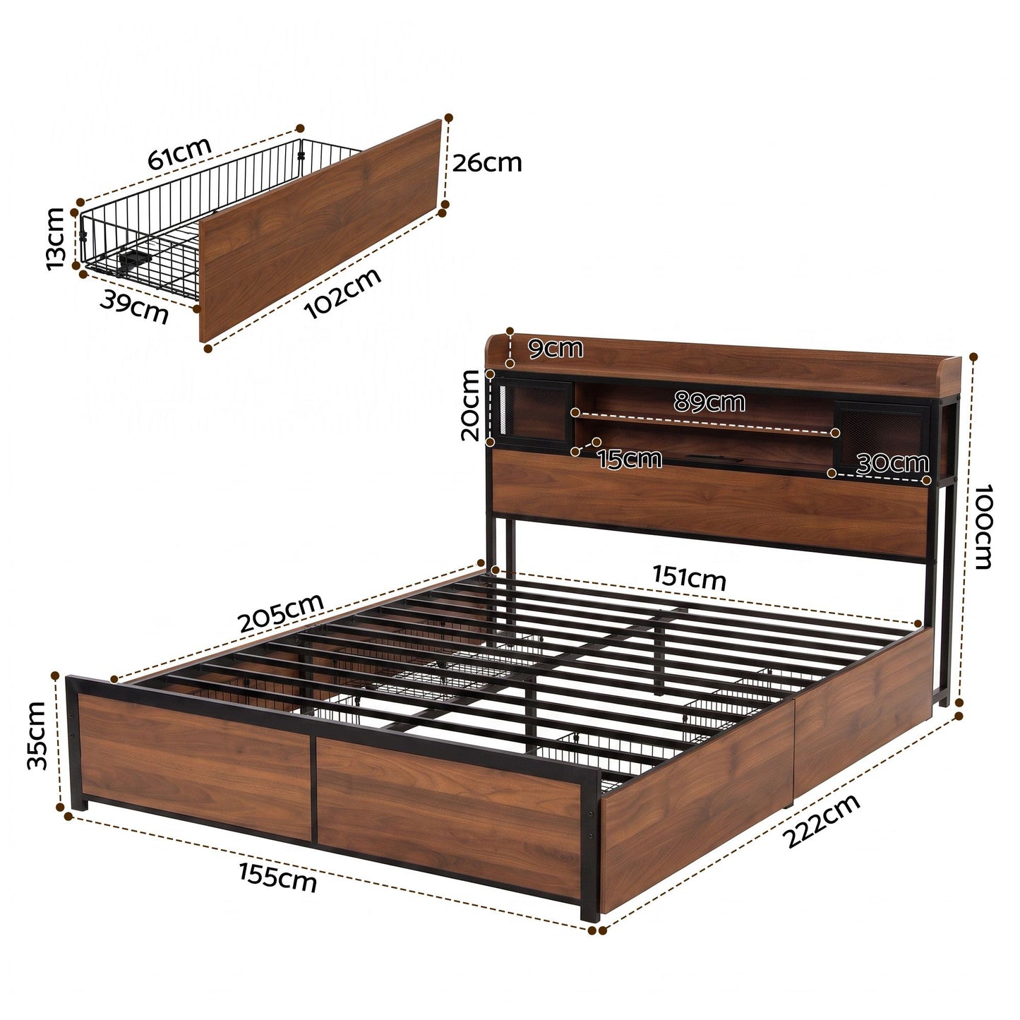Giada Bed Frame with Charging Station 4 Drawers Storage - Oak Queen
