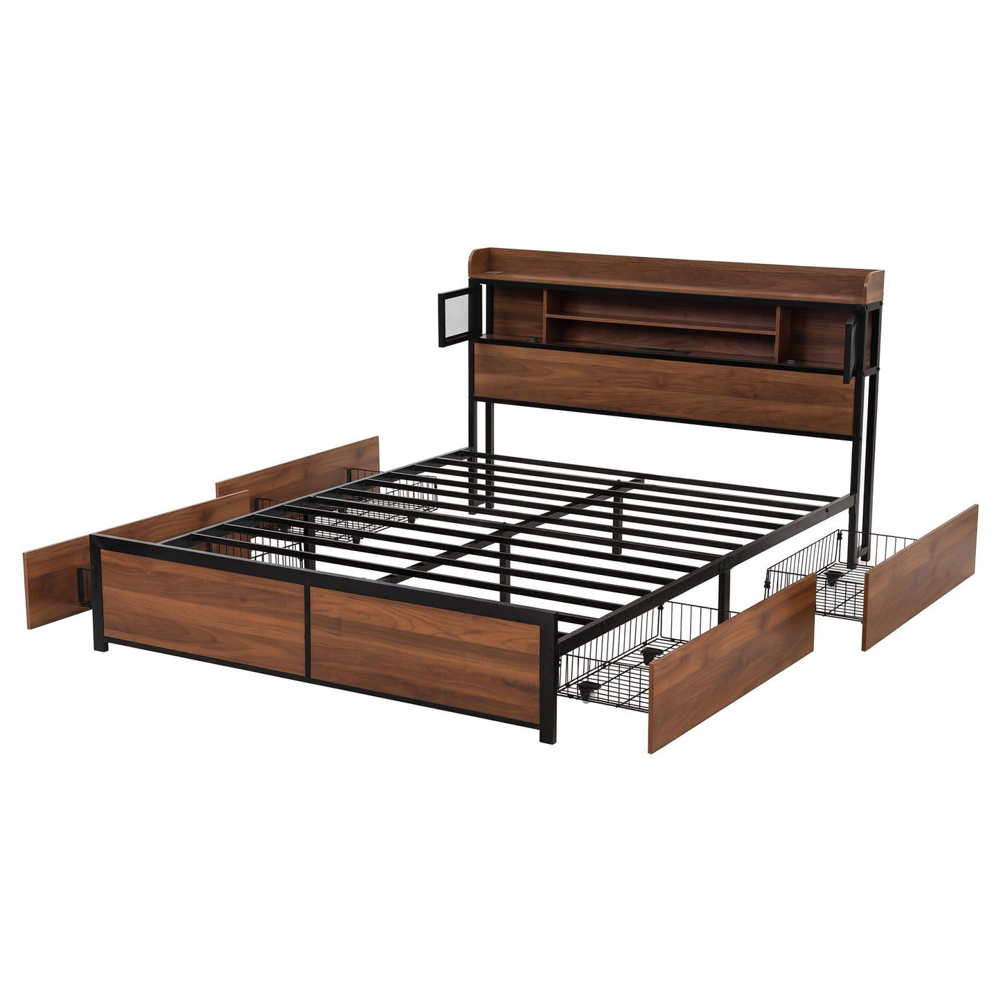 Giada Bed Frame with Charging Station 4 Drawers Storage - Oak Queen